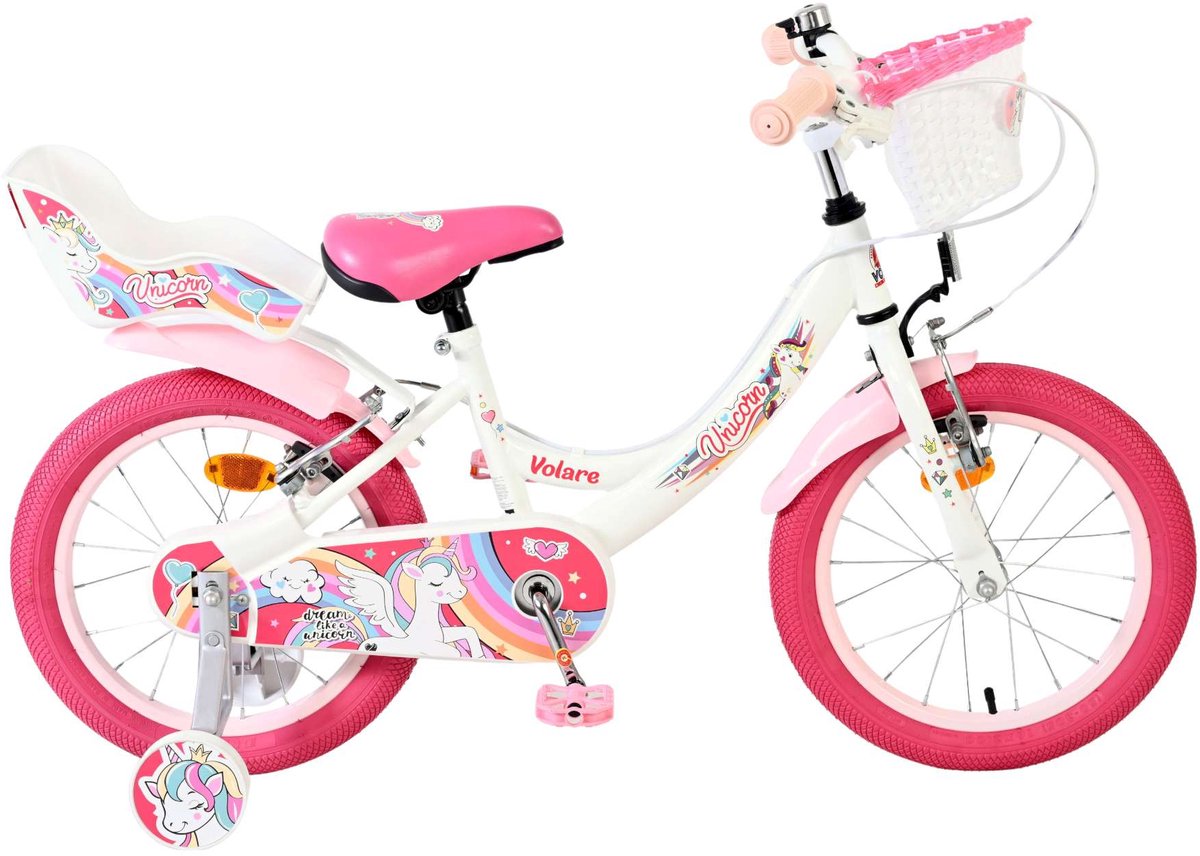 Volare Unicorn Kinderfiets - Meisjes - 16 inch - Wit - Twee Handremmen