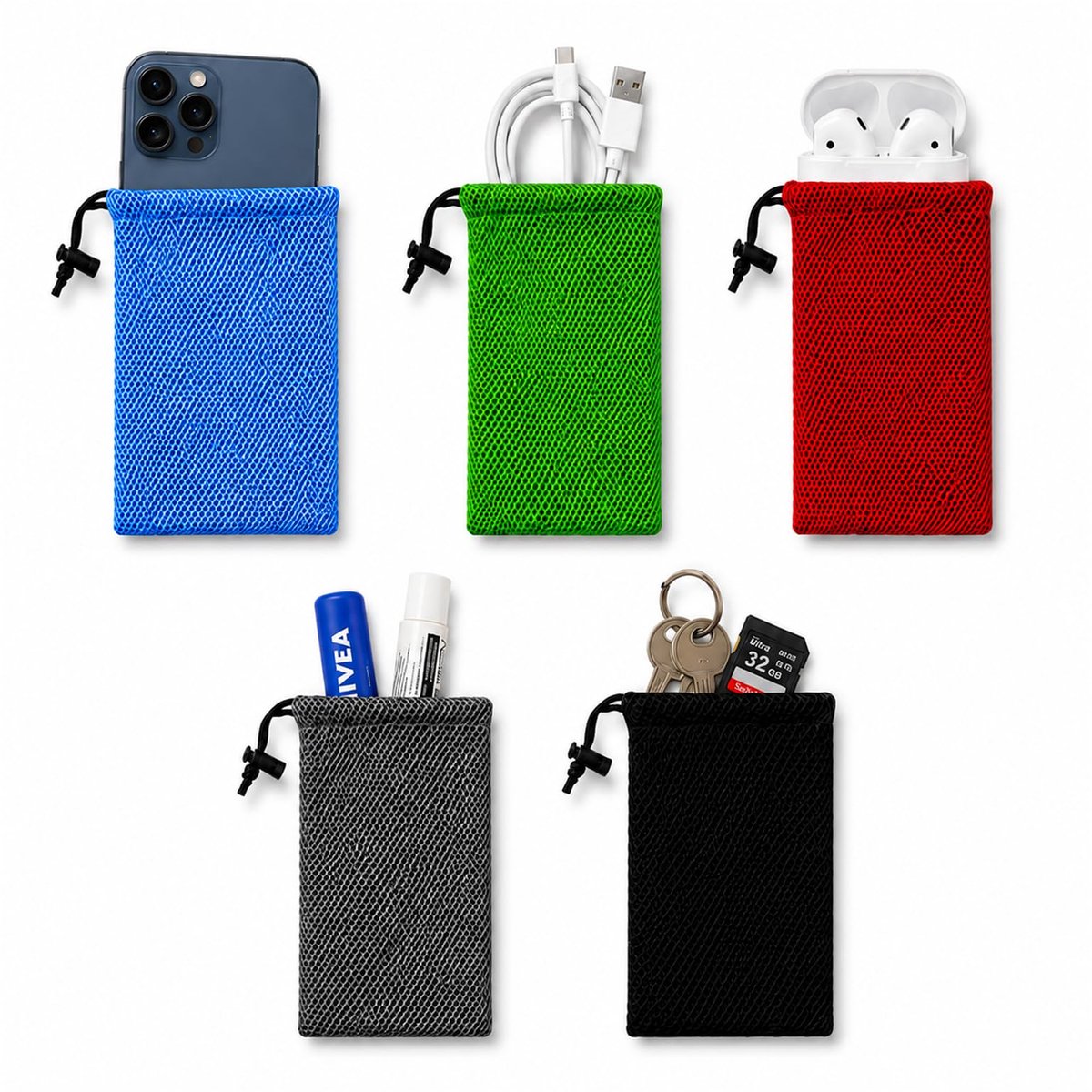 5 stuks netzakken 10x15cm met trekkoord - kleuren: grijs, zwart, rood, groen, hemelsblauw, voor kleine voorwerpen, sieraden, reizen, als opbergtas, voor hoofdtelefoon, powerbank