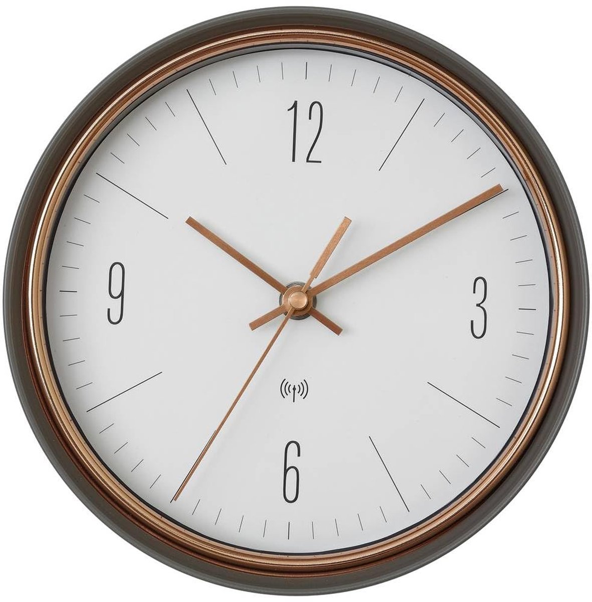 SnelShoppen - Design Wandklok met Radiocontrole, Hoge Kwaliteit Metaal en Koper, Grijs, 60.3547.10 - Perfect voor Huiskamer, Keuken of Kantoor