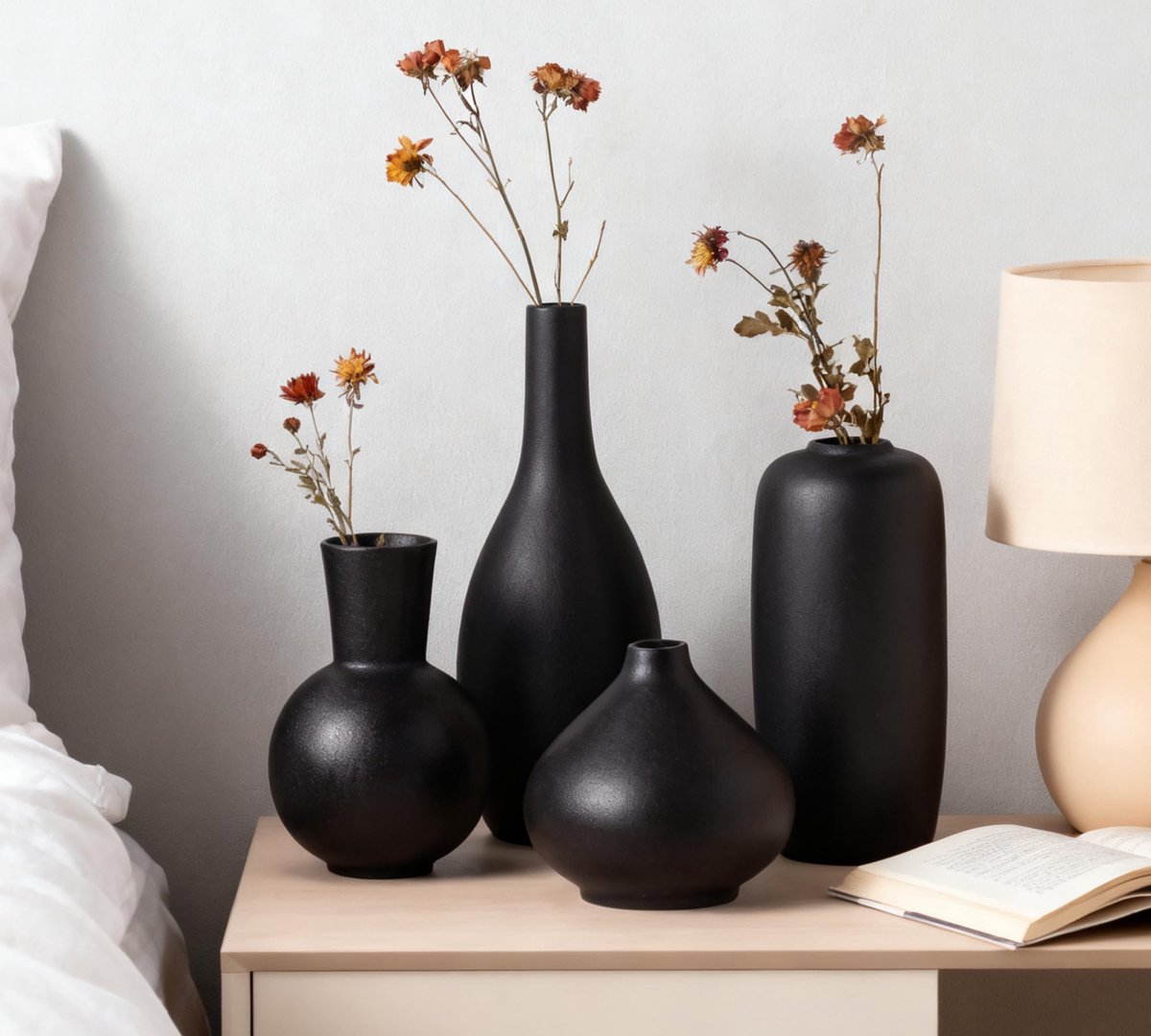 Vaas, zwarte keramische bloemenvaas, 4 stuks, elegante pampasgras, woondecoratie, kleine vazen voor tafel, rek (08 zwart)