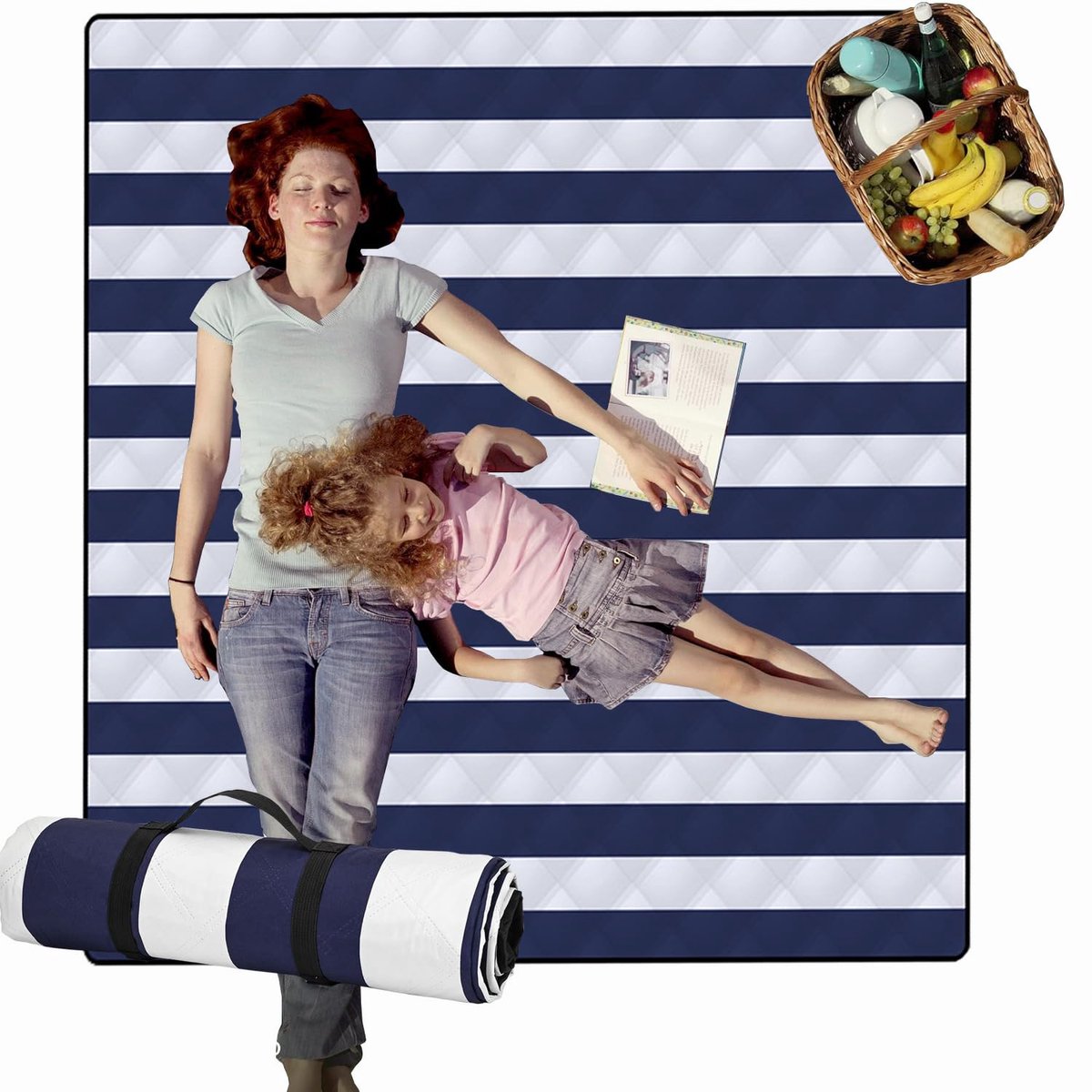 picknickdeken, 200 x 200 cm grote stranddeken outdoor picknickmat, strandmat met draaggreep, zandbestendig, hittebestendig voor kamperen, strand, familiepicknic, blauw