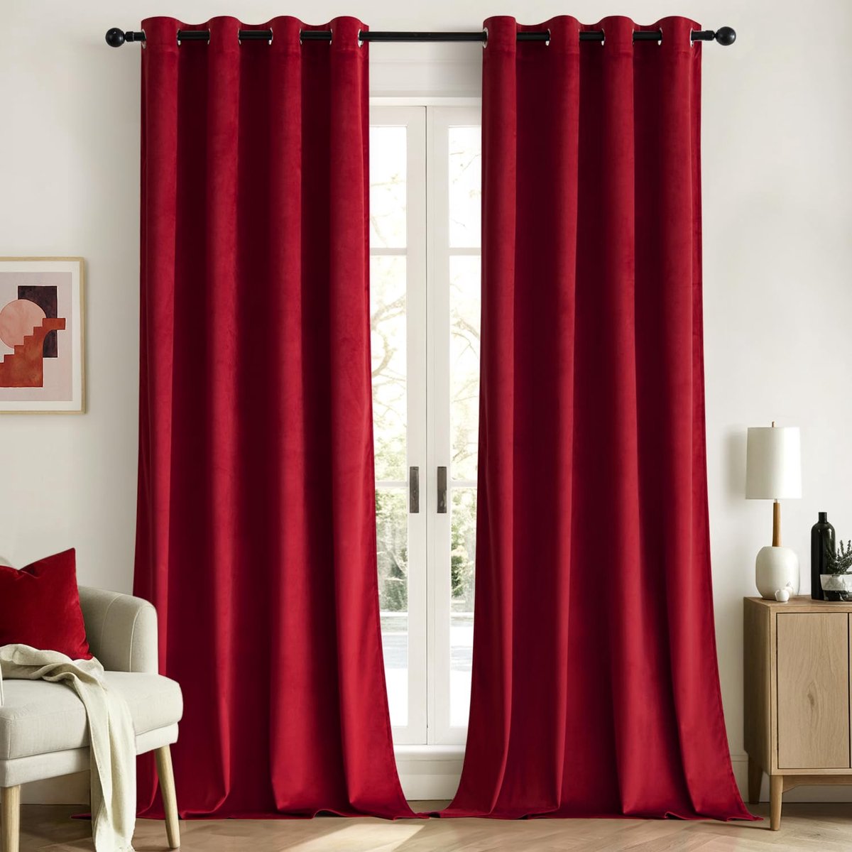 thermische verduisteringsgordijnen voor woonkamer en slaapkamer, fluweel, isolerend, warmte-/kouwerend, rekbaar, met ringen, set van 2, 140x245cm, rood