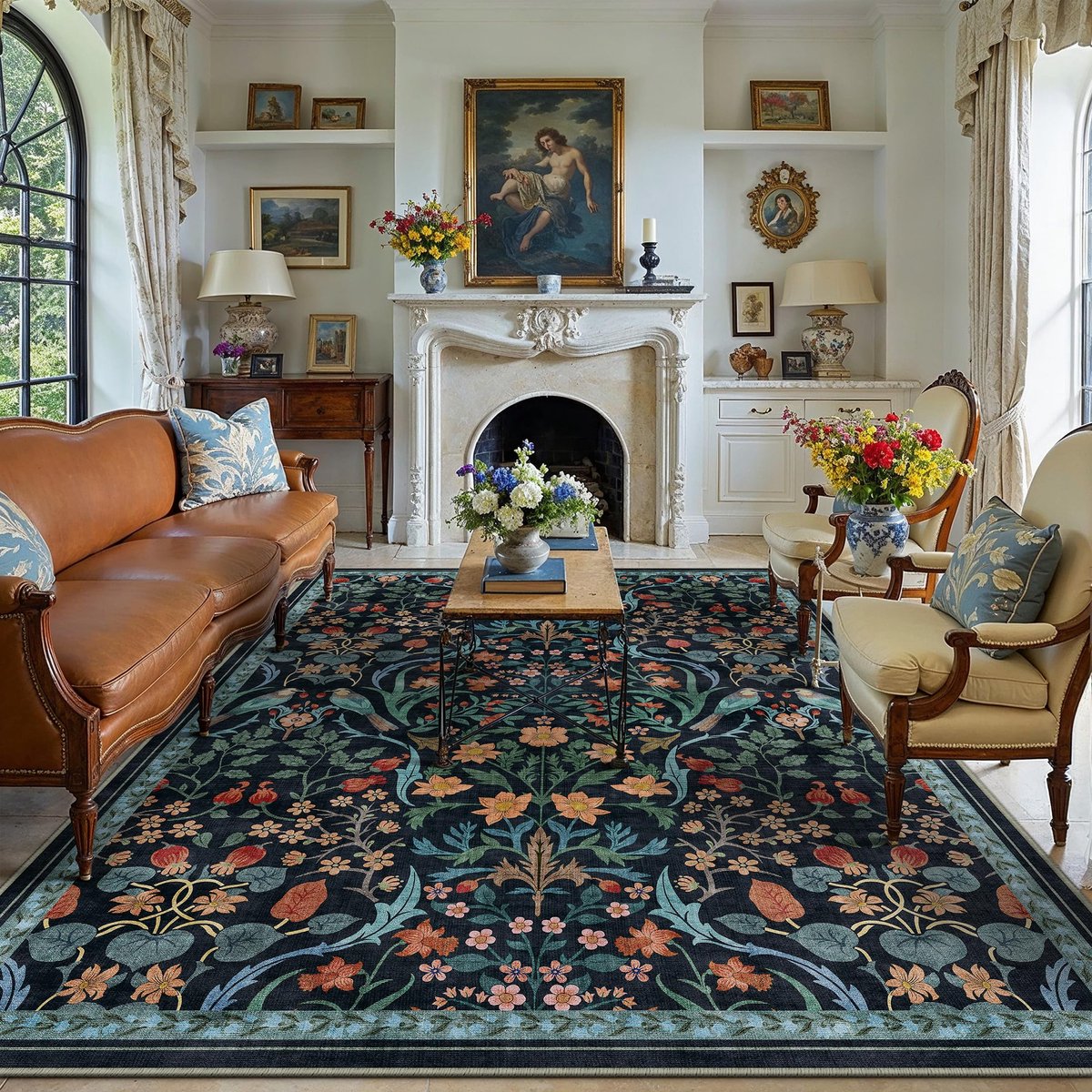 Vloerkleed voor de woonkamer, wasbaar, bloemenpatroon, laagpolig, antislip, zacht, boho, vintage, groot, voor slaapkamer, eetkamer, slaapkamer, woonkamer, 200 x 300 cm, blauw