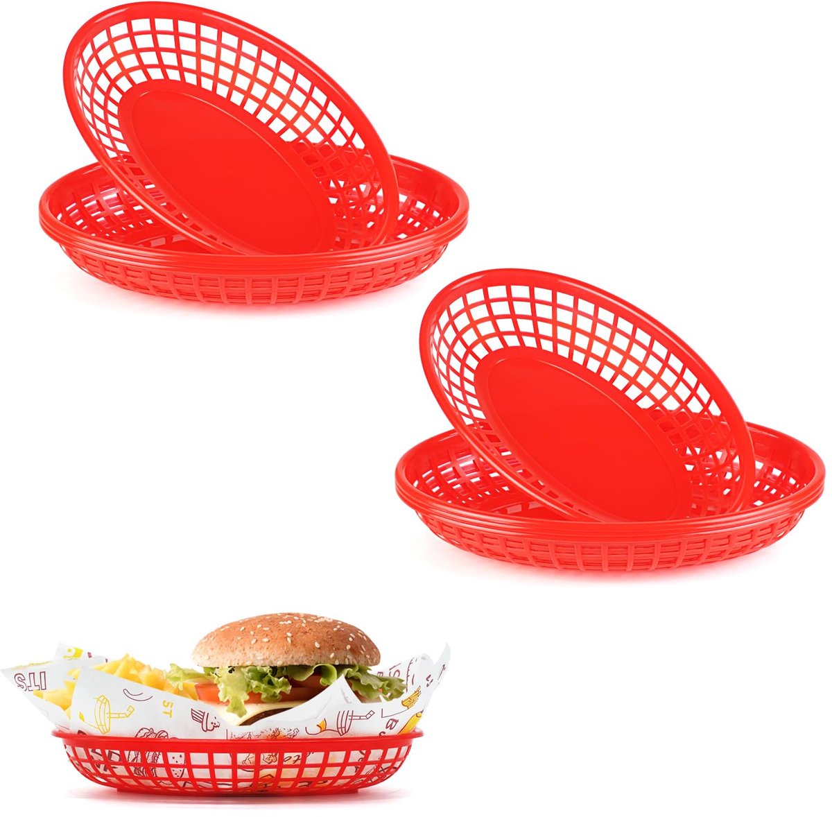 Manden, 8 stuks rode herbruikbare plastic ovale fruitmanden voor hamburgers, friet, snoep, chips, feest, picknicks, barbecue