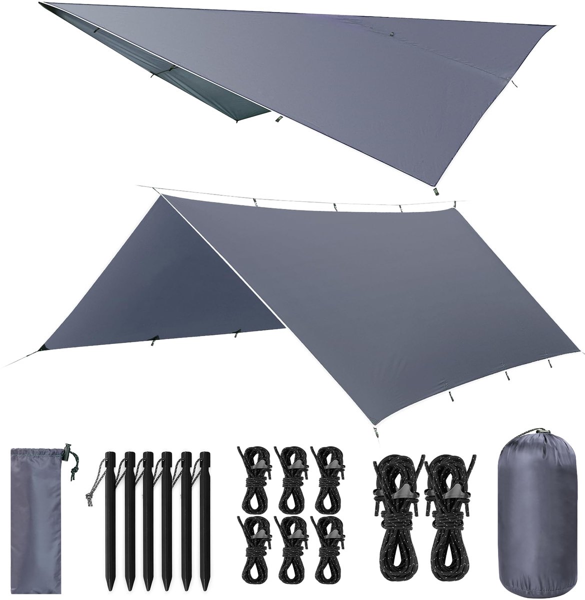 Tarp 3 x 4 m waterdicht, ultralicht campingtentzeil, met 15 ogen + 6 aluminium pennen + 8 nylon touwen, anti-uv sneeuw, regenbescherming, licht compact, voor hangmat, camping, picknick