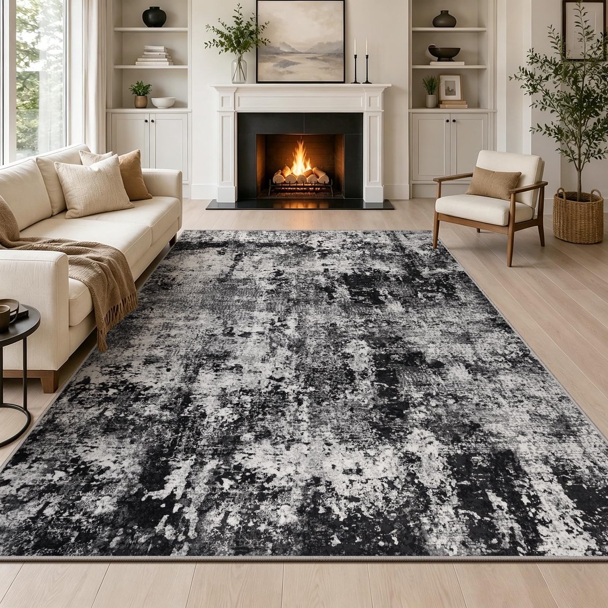 Zwart abstract vloerkleed 160 x 230 cm modern laagpolig zacht imitatiebont woonkamertapijt wasbaar indoor tapijt antislip minimalistische vloermat tapijten voor woonkamer slaapkamer kantoor