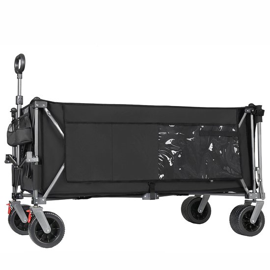 Deze opvouwbare handkar (zwart) met 300L+120L inhoud en achterklep, 180 cm lang, heeft extra brede 17x10 cm terreinwielen. Perfect voor tuin, boodschappen, strand en buitengebruik. — afbeelding 2