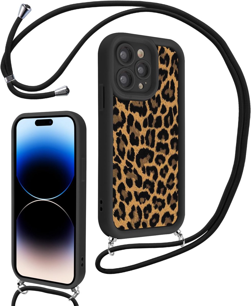 Beschermhoesje voor iPhone 11 Pro 5,8 inch (14,7 cm), esthetisch luipaardpatroon, beschermhoes met koord, ketting, schouderriem, dunne TPU-siliconen, schokbestendig, zwart