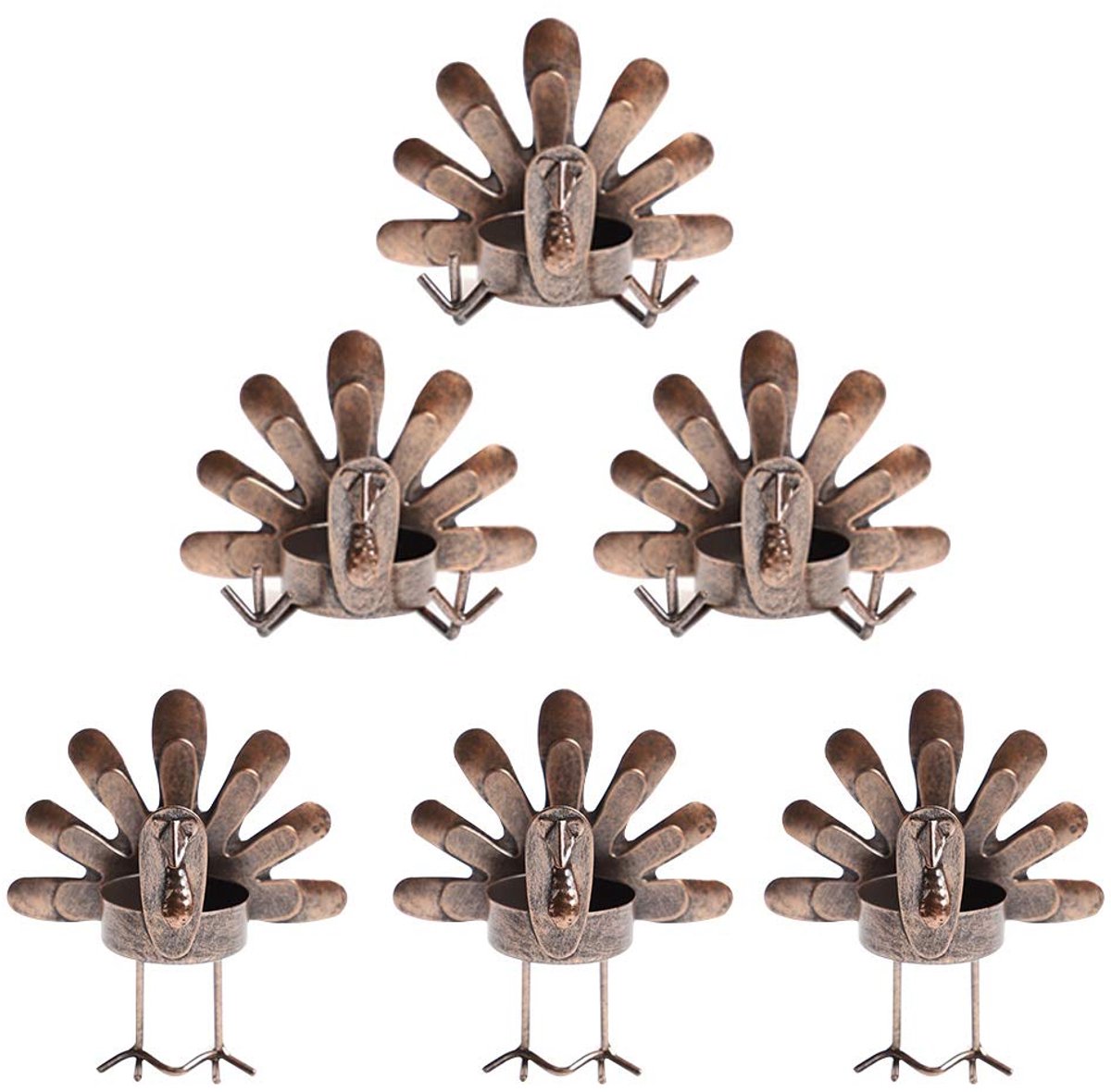 Turkije theelicht kandelaars, Thanksgiving tafelblad zittend Turkije theelicht kandelaars, decoratieve brons afgewerkte metalen kalkoenhouders set voor Thanksgiving decoraties (6 stuks)