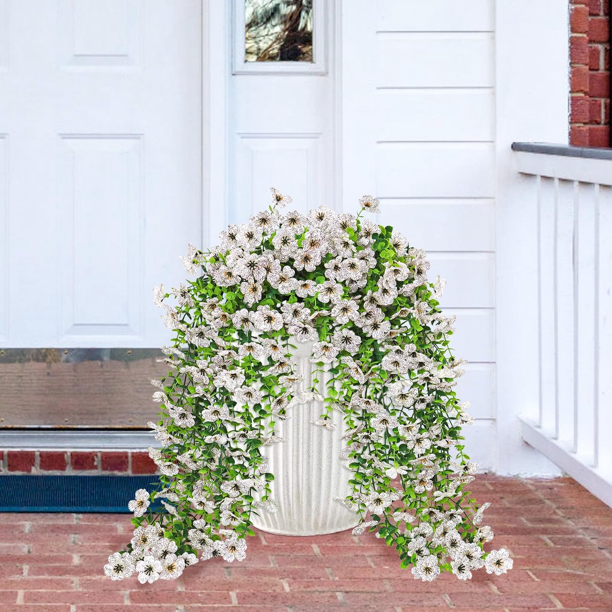 Bloemen, 4 stuks, kunstmatige hangplanten, uv-bestendig, nephangende bloemen, kunstmatige hangplanten voor tuin, terras, bruiloft, buitendecoratie (Wit)