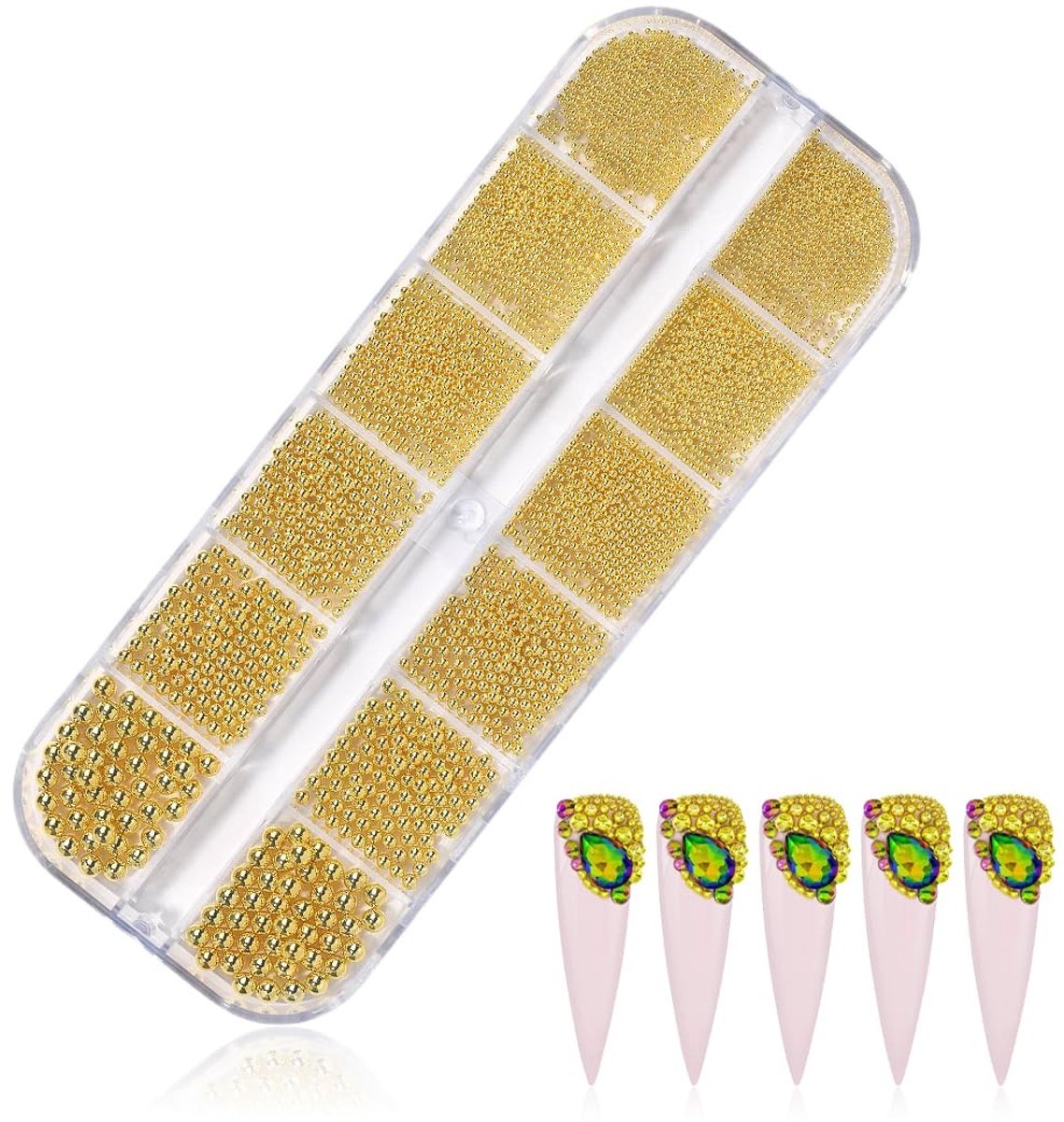 Dailygoods- Nail Art Kralen - 1 Doos met Kralen - Verschillende Maten 0,8 mm tot 5 mm - Platte Achterkant - Nagelaccessoires - Inclusief Pincet - Nagelkralen