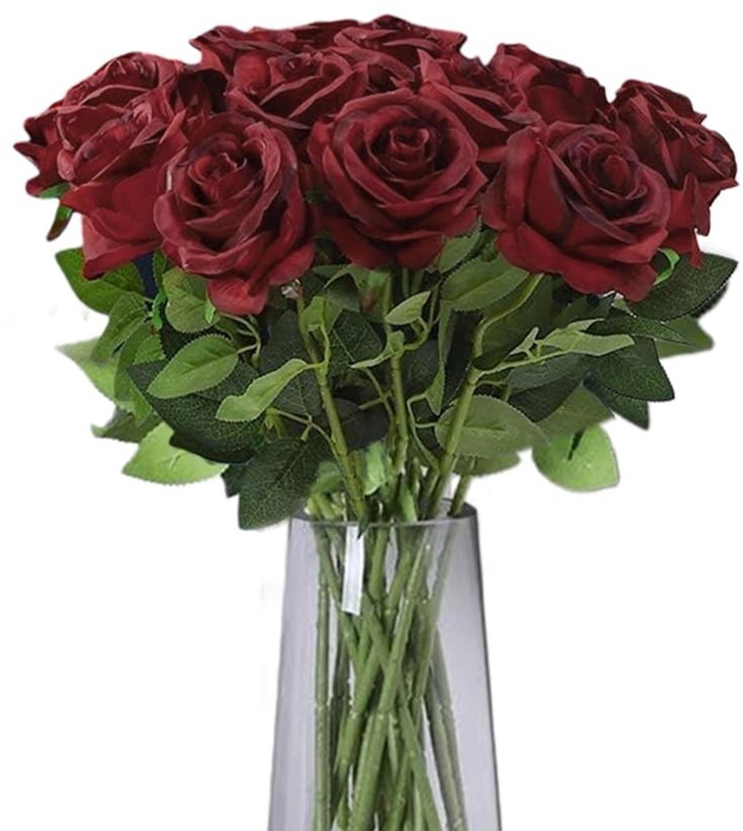 Dailygoods- Kunstrozen 12 Stuks - Donkerrode Kunstbloemen - 51 cm Lang - Rozenvormige Nep Rozen - Bruidsboeket/Bruiloften - Perfect voor Tuinen/Begraafplaats - Neprozen