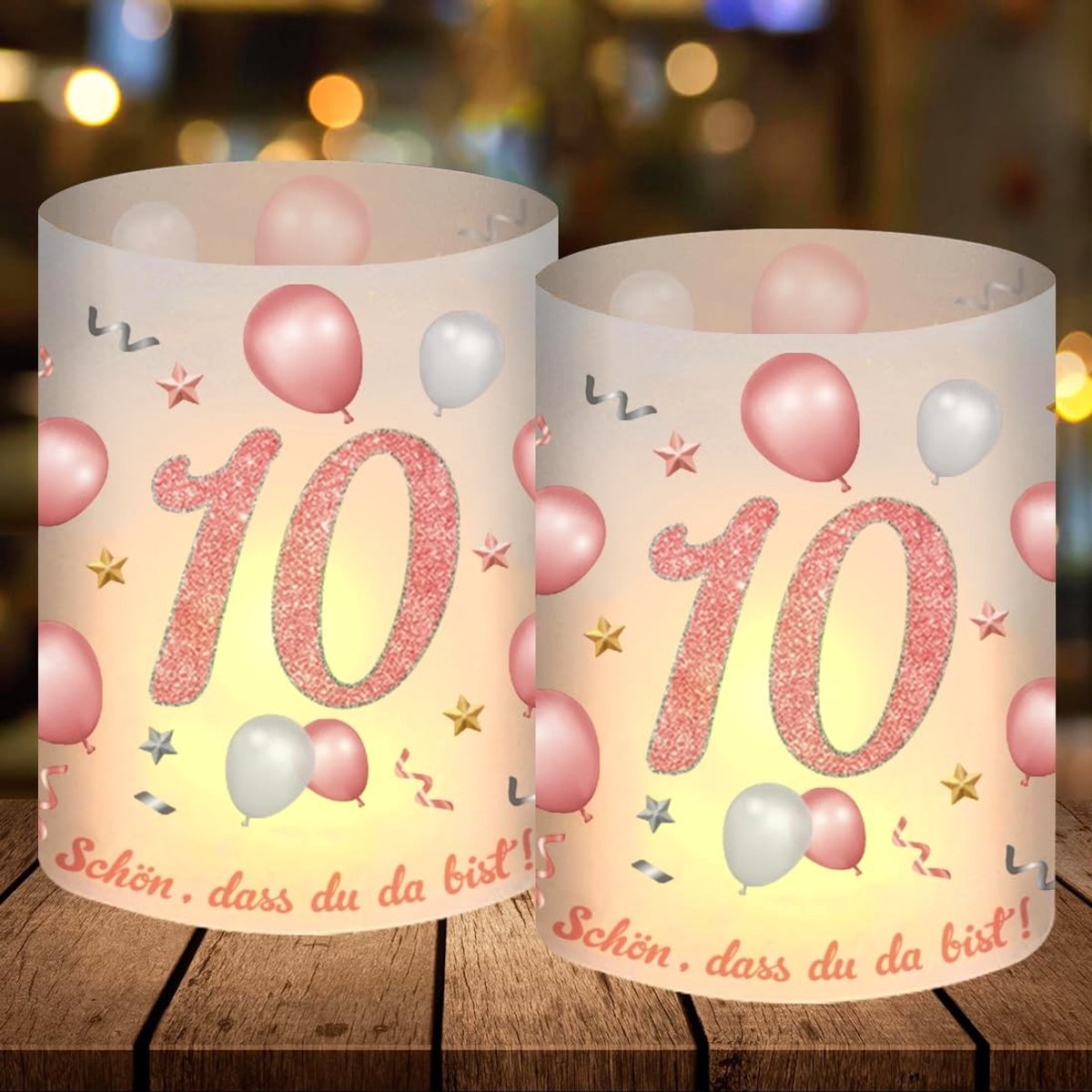 Dailygoods - 12 windlicht tafeldecoratie 10e verjaardag, feestdecoratie meisjes, roségouden decoratie, mooi DASS Du Da Bist, geschikt voor theelichtjes of kaarsen, Happy Birthday