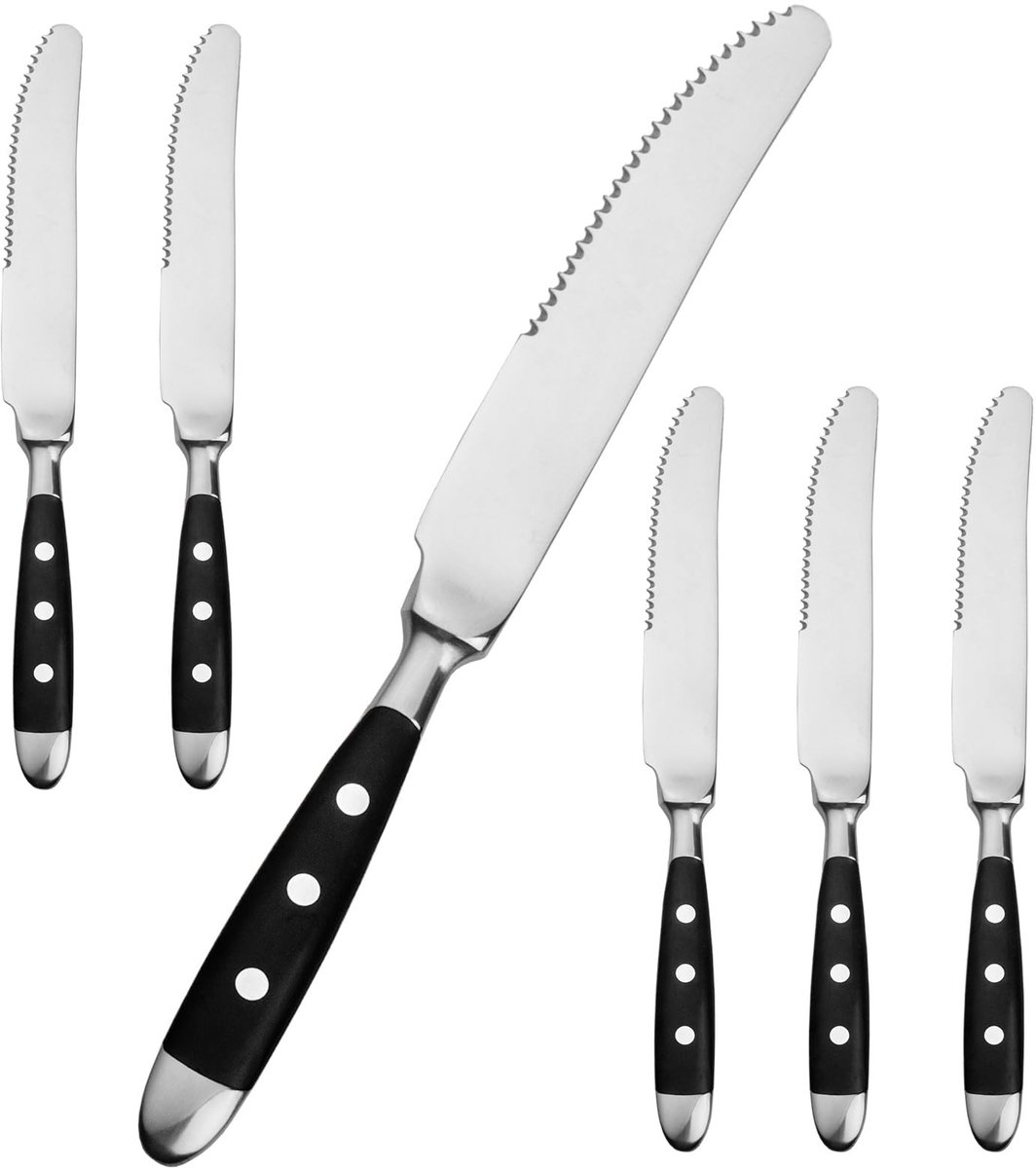 Dailygoods- Steakmessen Set 6 Stuks - Scherpe Steakbestek - Zwarte Handgrepen - Gepolijst Roestvrij Staal - Golfsnede - Hittebestendig Bakeliet - Bestekset