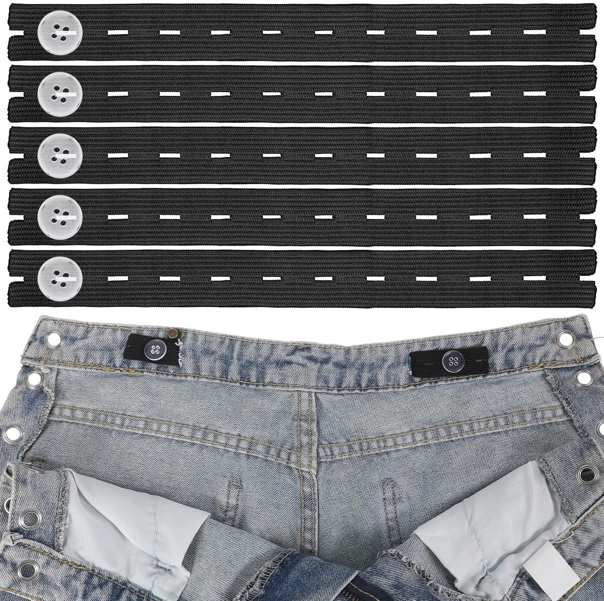 Dailygoods- Broekknop Versteller - Tailleband Verlengers - Verstelbare Elastische Extenders - 10 Stuks - Inclusief Naalden en Draad - Geschikt voor Losse Broeken