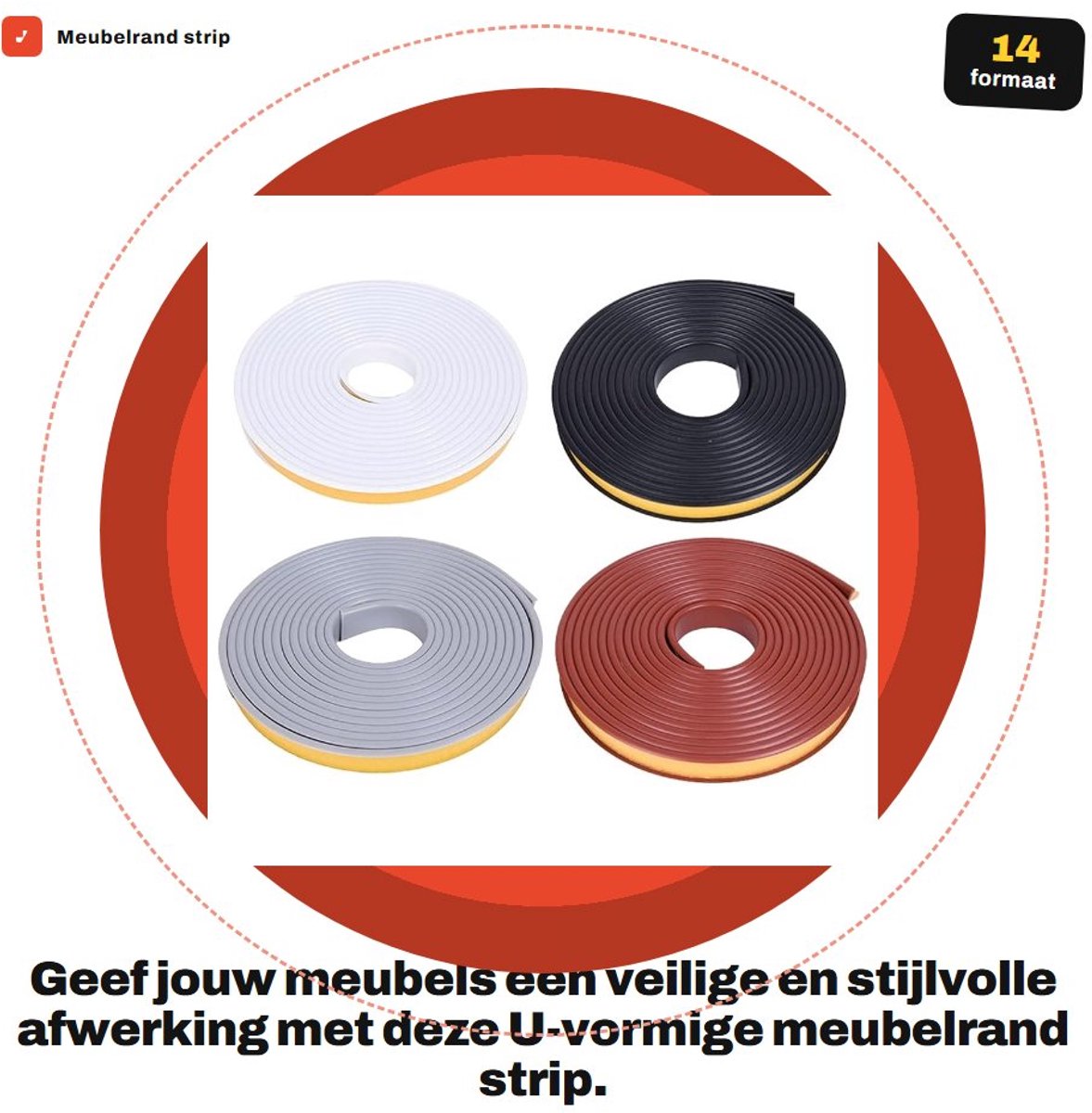 Dailygoods- Meubelrandstrip U-vormig - Zelfklevende Band - Flexibele Randbescherming - 3 Meter - TPE Kunststof - 14 mm x 3 m - Randband