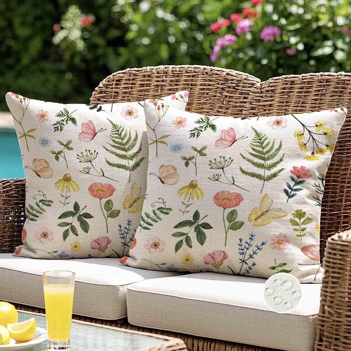 buitenkussenhoes, 40 x 40 cm, bloemen, bladeren, vlinder, decoratief, bohemien, kussensloop voor buiten, waterdicht, voor tuinmeubelen, 2 stuks