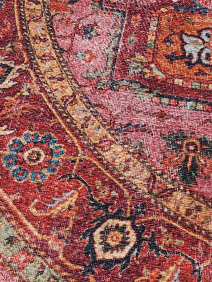 Vloerkleed, Oosterse, Ø 120 cm, Rond, Laagpolig, Woonkamer, Slaapkamer, Keuken, Hal, Machinewas, Rood/Roze
