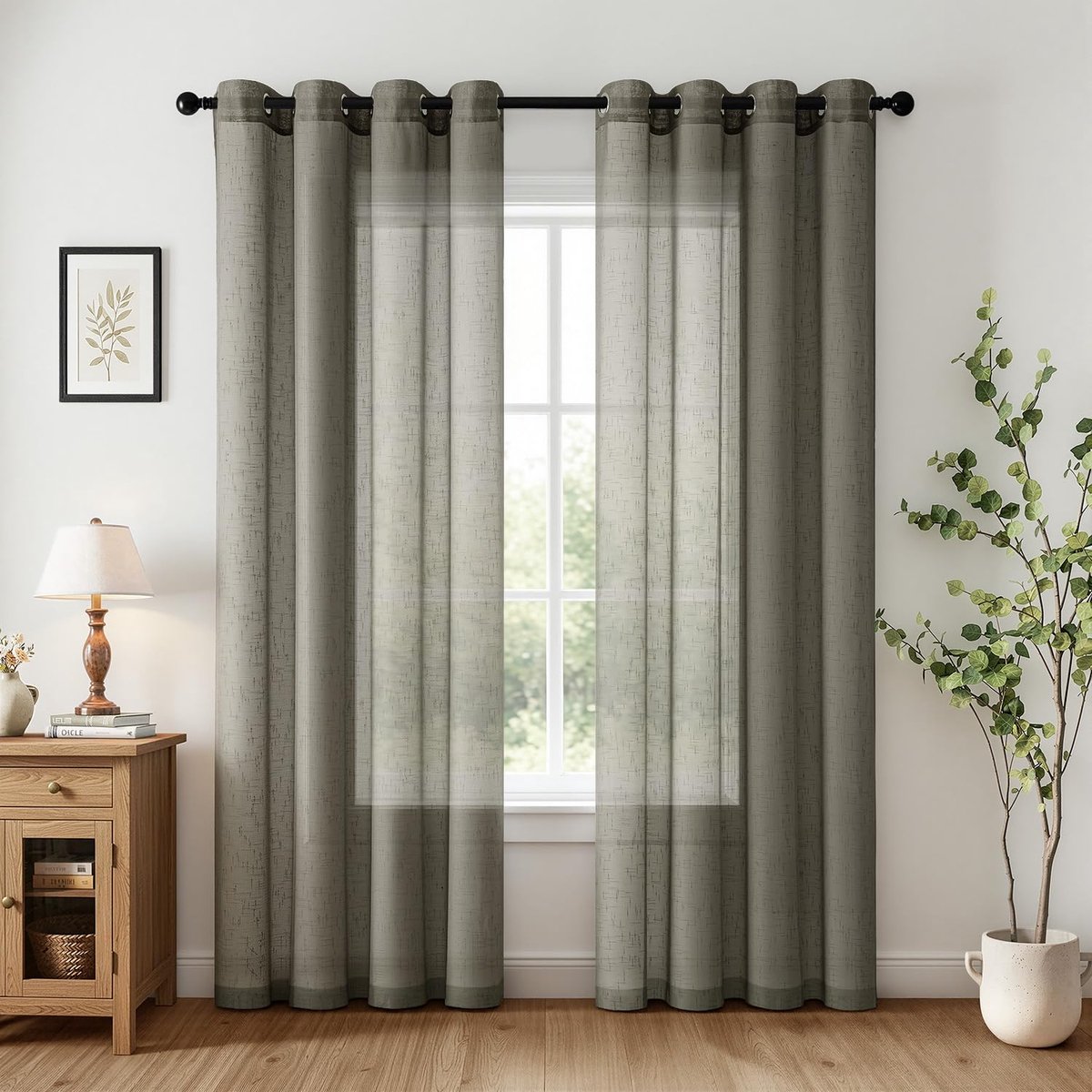 Voile gordijnen met oogjes, donkergrijs, linnenlook, transparante gordijnen, verpakking van 2 stuks, lichtfilterend, machinewasbaar, voor woonkamer, slaapkamer, 140 x 225 cm (b x h)