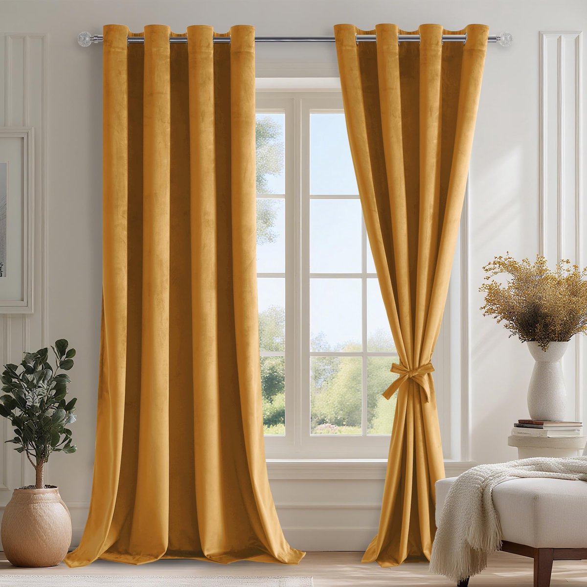 Mosterdgeel fluwelen gordijnen set van 2, H260xB140 cm, zachte gordijnen met ringen en gordijnstropdassen voor woonkamer slaapkamer, ondoorzichtige verduisteringsgordijnen, dik thermogordijn