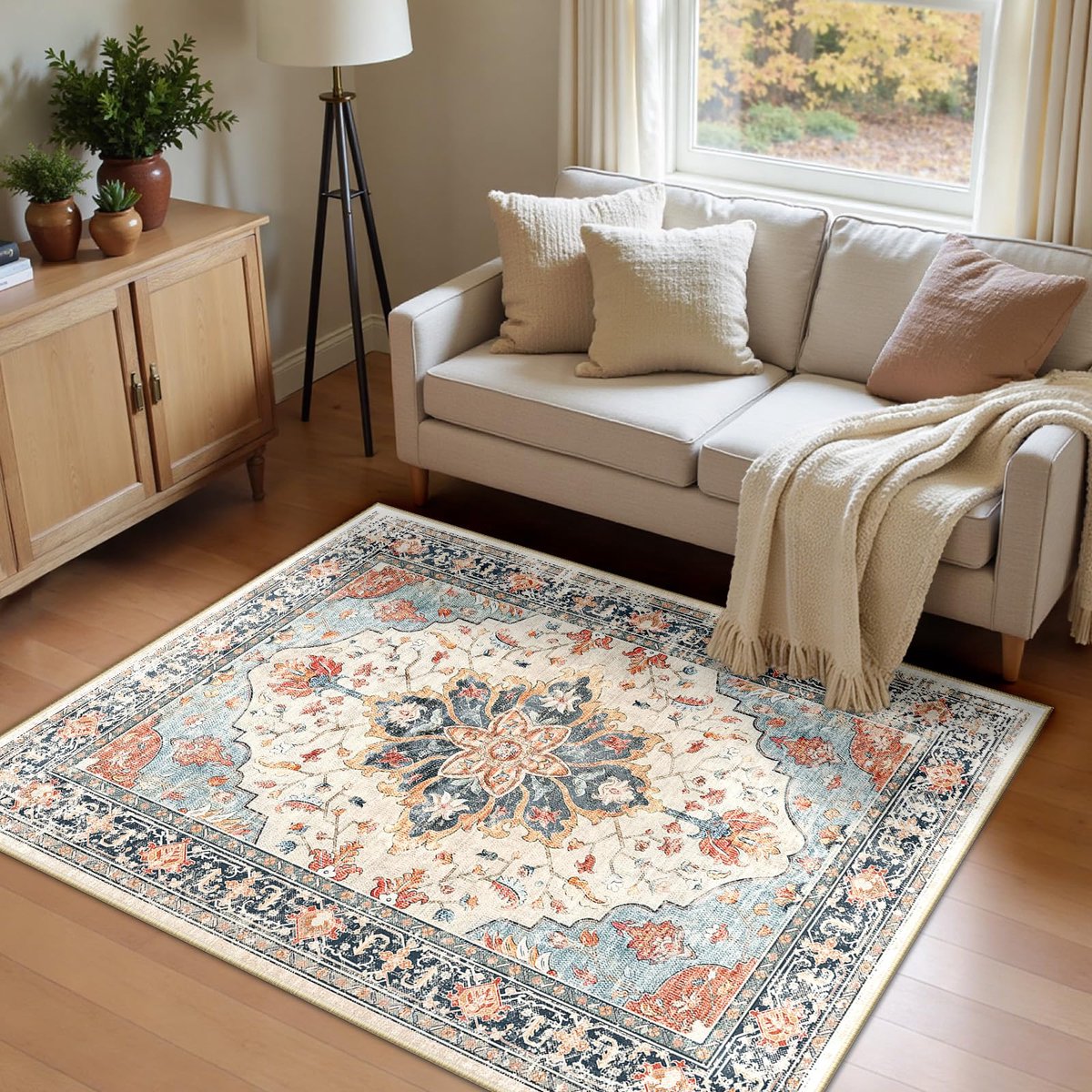 Machinewasbare Tapijten 120x180 cm Vintage Boho Vloerkleed Laagpolig Antislip Tapijt met Print Patroon voor Woonkamer Slaapkamer Huiskontoor Binnenhuis Beige/Blauw/Oranje