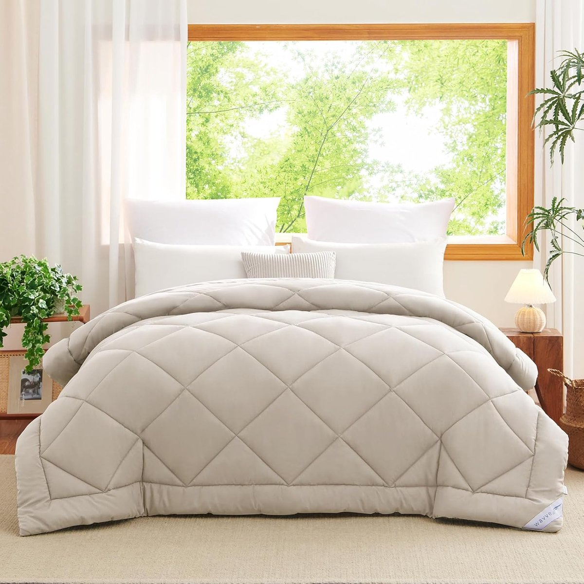 Dekbed voor tweepersoonsbed, 4 seizoenen, 220 x 240 cm, herfst-en winterdeken, sprei van synthetisch microvezel, beige