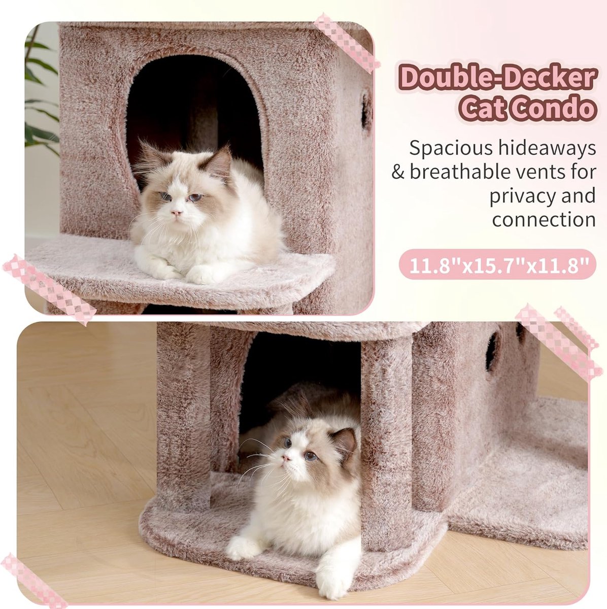 HCT204SMU Krabpaal, 65 cm hoge kattenboom met extra groot platform, gelaagd kattenmeubel met tweepersoonshuis, inclusief sisal-krabzuil, kattenmand en speelgoed voor katten, bruin-beige thumbnail 6