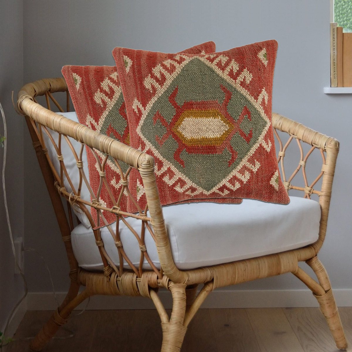 SnelShoppen - Vloer Sofa Kussens Sham Set van 2 - Handgeweven Kussensloop Wol en Jute 45x45 cm - Turkse Sierkussenhoes voor Woonkamer en Slaapkamer
