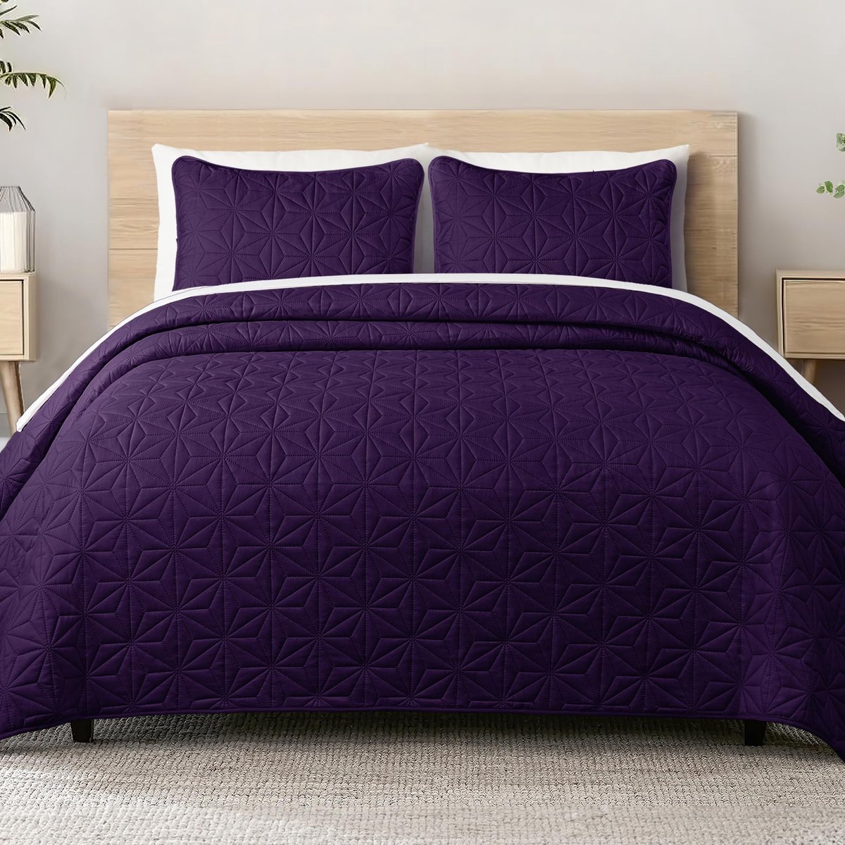 Flotilla Sprei, bedsprei, 260 x 280 cm, sprei met 2 kussenslopen, zacht en licht dekbed met geometrisch patroon voor 4 seizoenen, violet