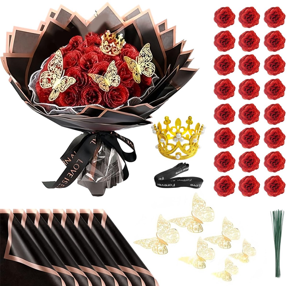 24 stuks DIY glitter rode rozen kunstmatig kunstrozen zijden bloemen, kunstrozen nep rozen decoratie met kroon voor bruiloft, kerstmis, verjaardag, jubileum, verloving