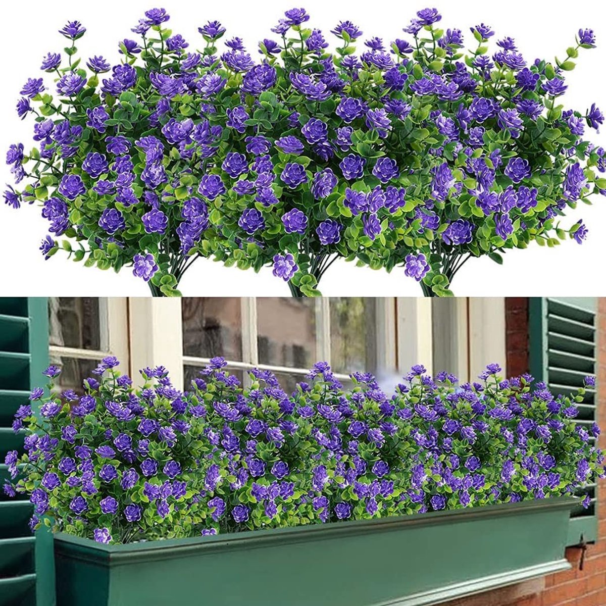 Kunstbloemen, balkon, kunstbloemen, uv-bestendig, groene struiken, planten, kunstbloemen, eucalyptus, decoratie voor binnen en buiten, tuin, raam, bruiloft, feestdecoratie (paars)