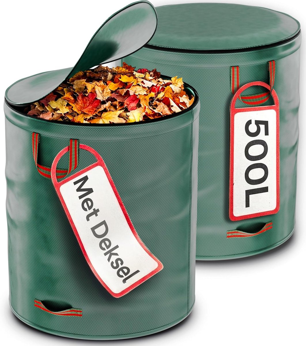Tuinafvalzakken met Deksel met Ritssluiting 500L - XXL Large - 4 Stevige Handvatten - Stabiel - Opvouwbaar - Herbruikbaar - Robuust Polypropyleen