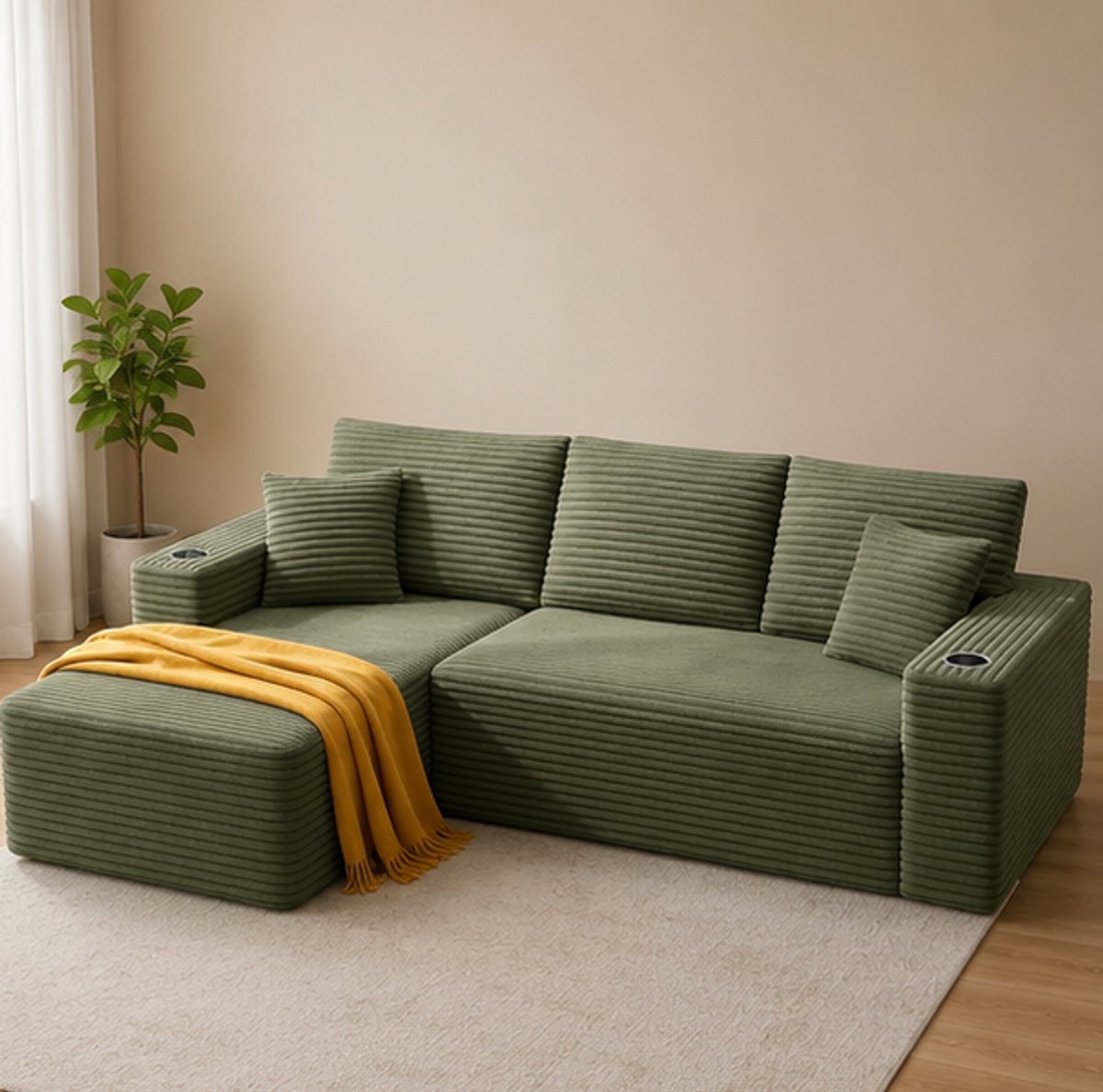 Luxe Modulaire L-Vormige Loungebank 261 cm – Corduroy Hoekbank met Chaise Longue, Frameloos Design, Diepe Zit, 2 Bekerhouders, Wolkenzacht Comfort, Groen – NoviHomeStore