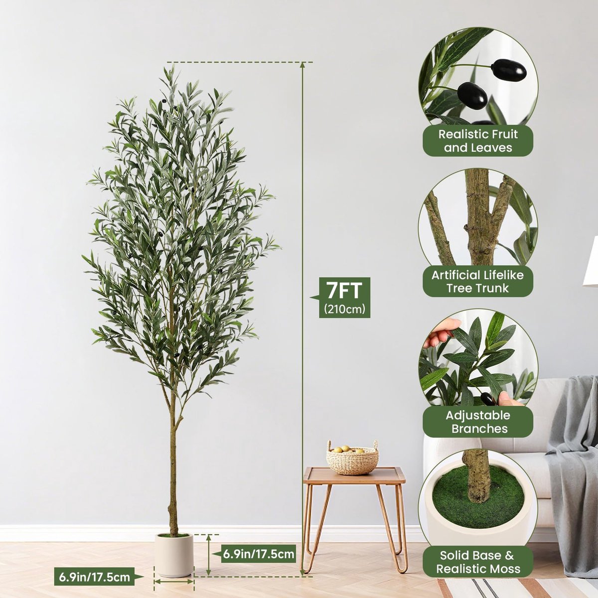 Kunstolijfboom, 210 cm, kunstplant, grote kunstmatige olijfboom, kunstplanten, kunstboom, decoratie voor thuis, woonkamer, slaapkamer, kantoor, tuin