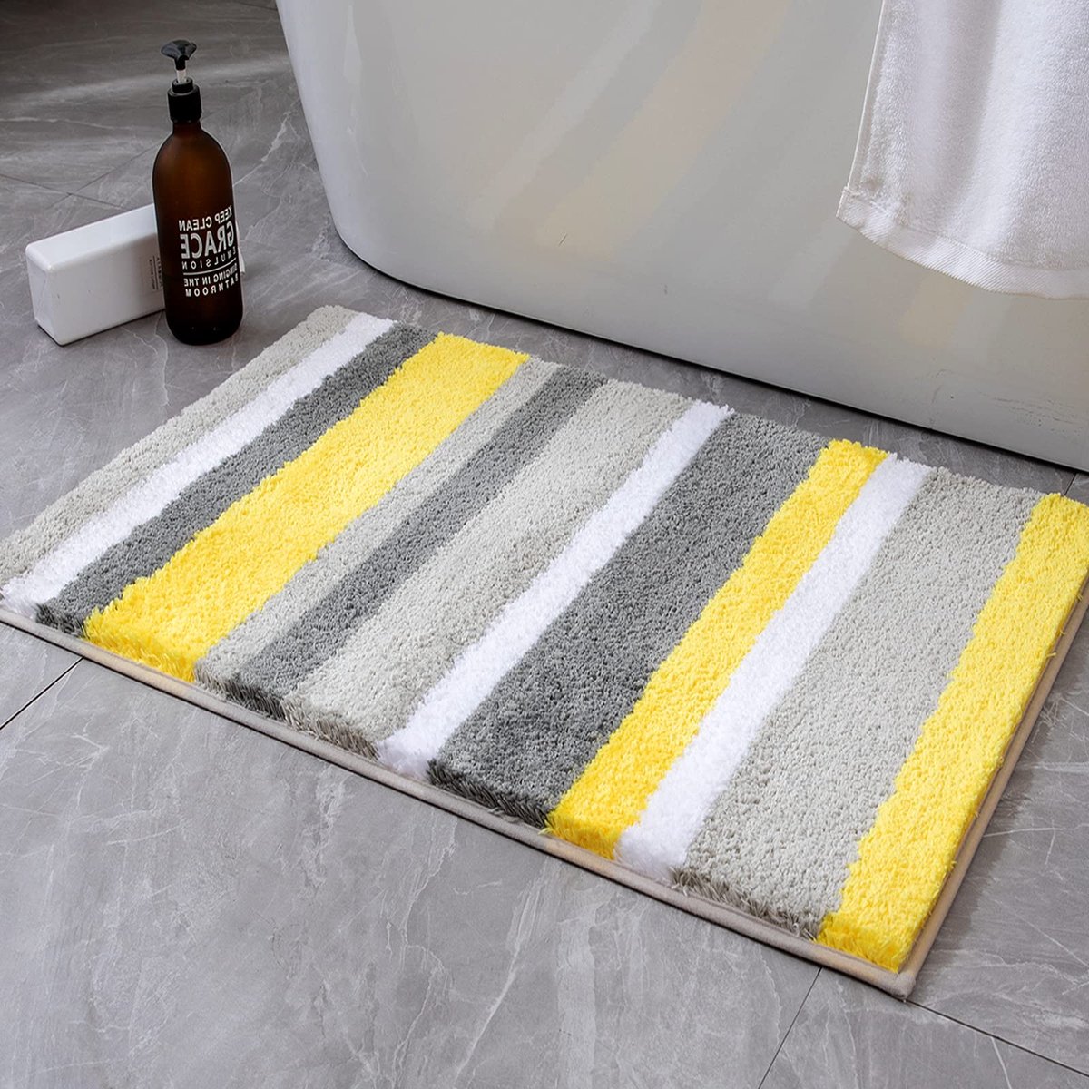 Badkamertapijt, 1 stuk, absorberend, antislip, van microvezel, voor woonkamer, badkuip, toilet, keuken, strepenpatroon, superzacht, comfortabel, 40 x 60 cm, geel en grijs