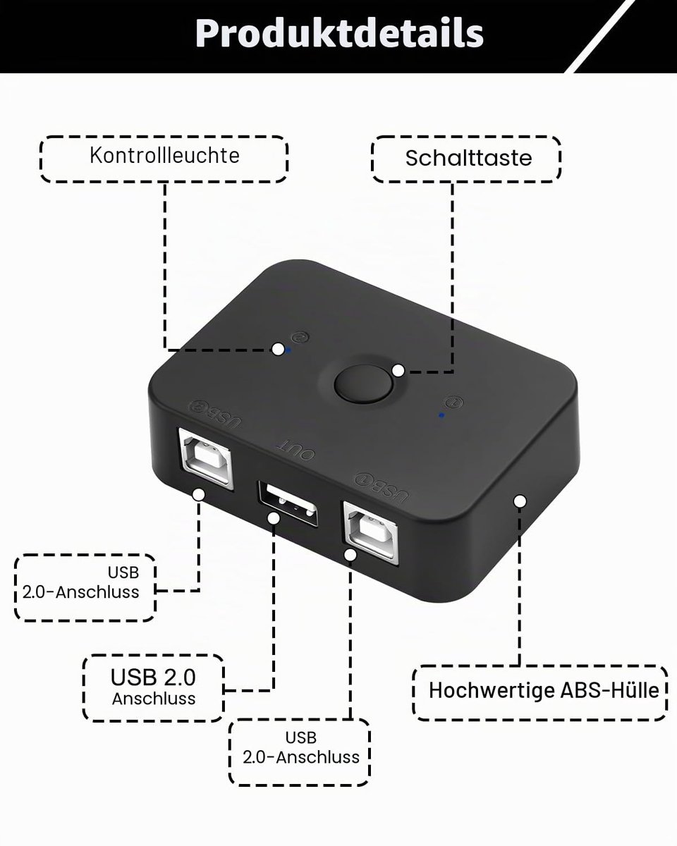 2 USB-printerdelingsschakelaar USB B – 2 computers delen 1 printer, 2-in-1 Print Sharer-uitgang, handmatige schakelaar, met ledlicht, met 2 printerkabels van 1,5 m