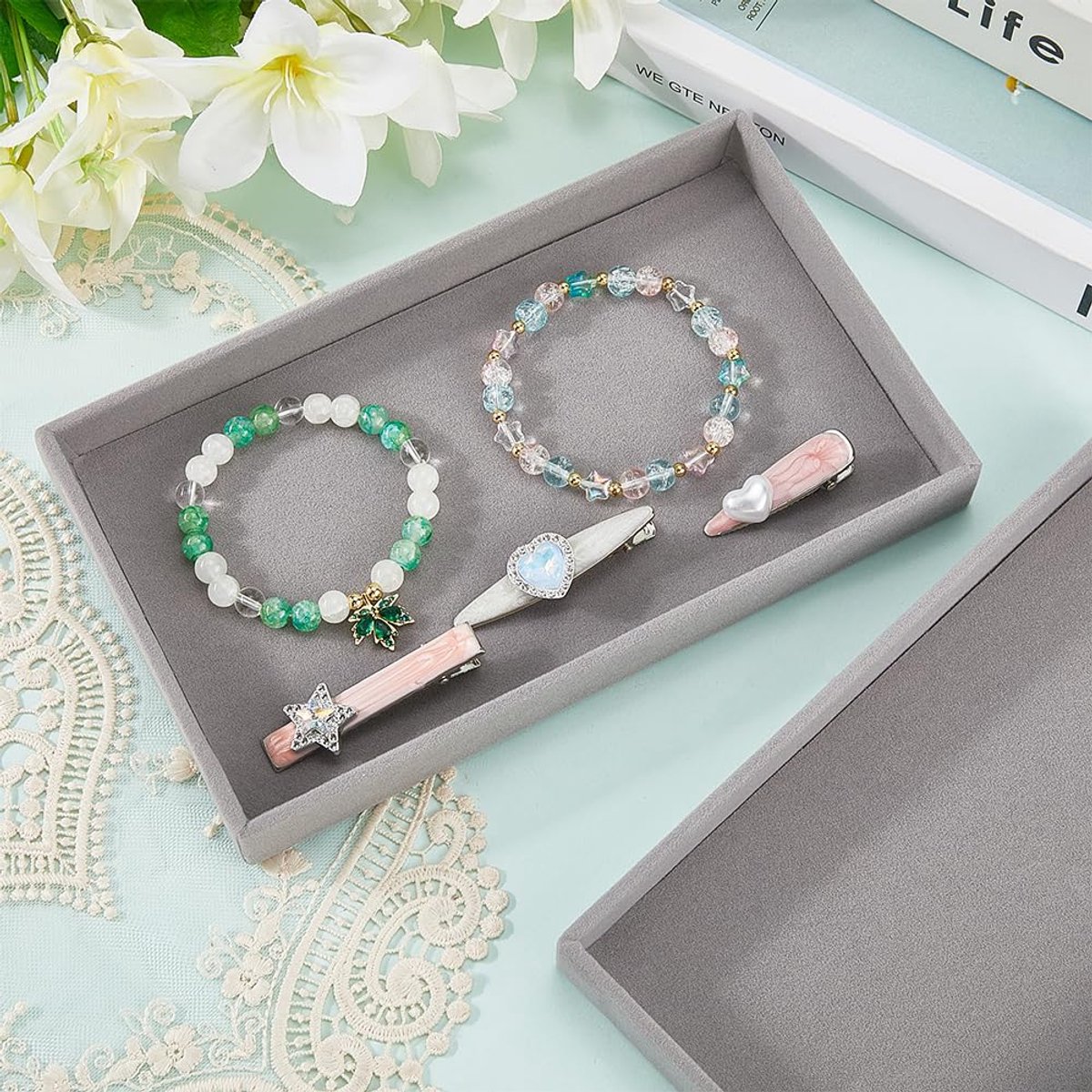 2 Stuks Grijze Sieraden Lade Lege Fluwelen Sieraden Doos Kleine Rechthoek Accessoire Trinket Display Platte Trays Stapelbare Showcase Lade Organisatoren Opslag voor Verkoop Ketting Houder