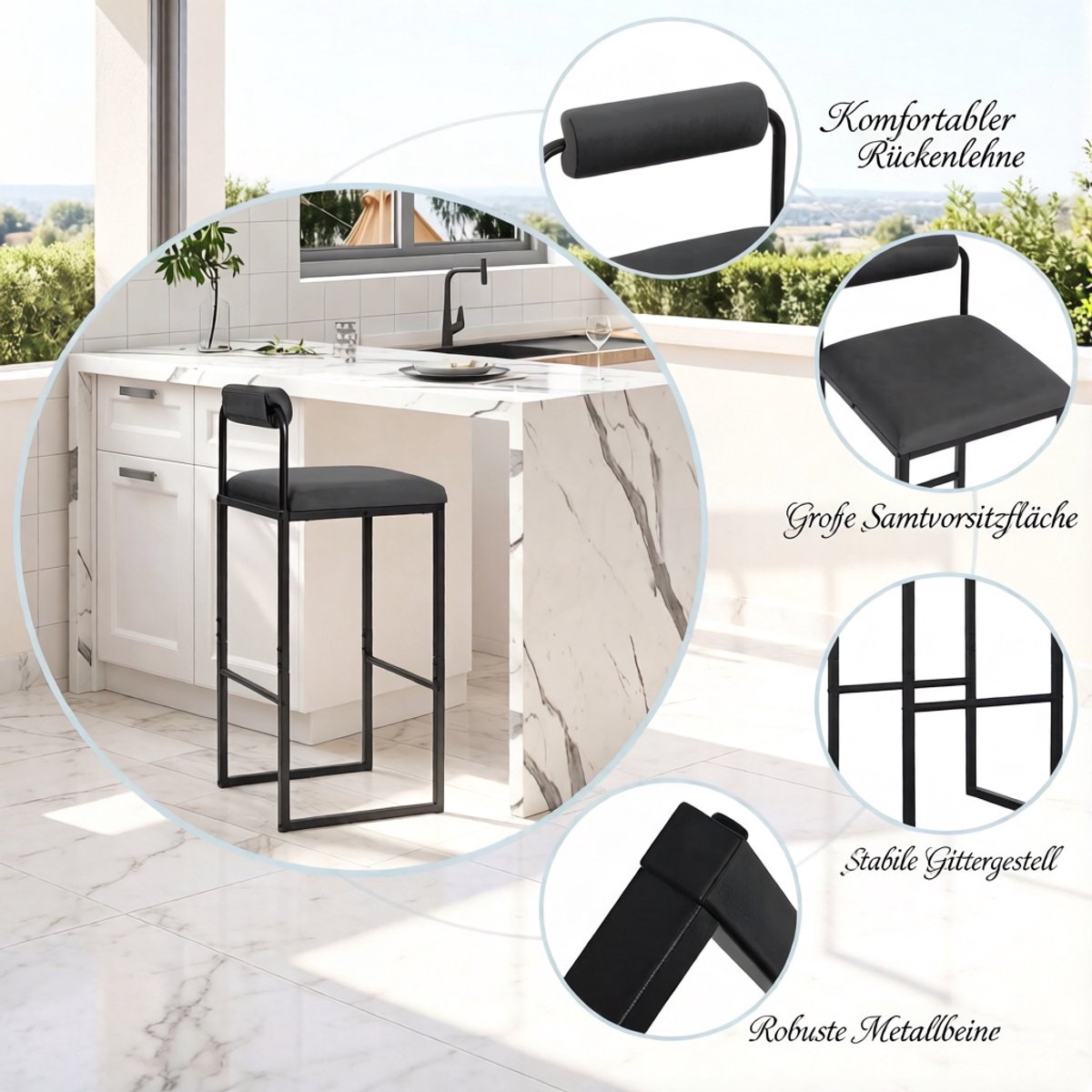 HAUSS SPOLE Barkruk - Barstoel Met Rugleuning - Set Van 2 - Zachte Velvet Zitting Met Voetsteun - Voor Keukeneiland En Bar - Staal Donkergrijs Dark Gray