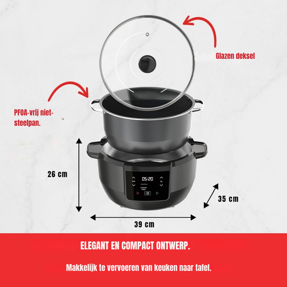 Slowcooker Met Timer - Multicooker - Slowcooker - Zwart - 39cm x 26cm x 35cm – foto 2