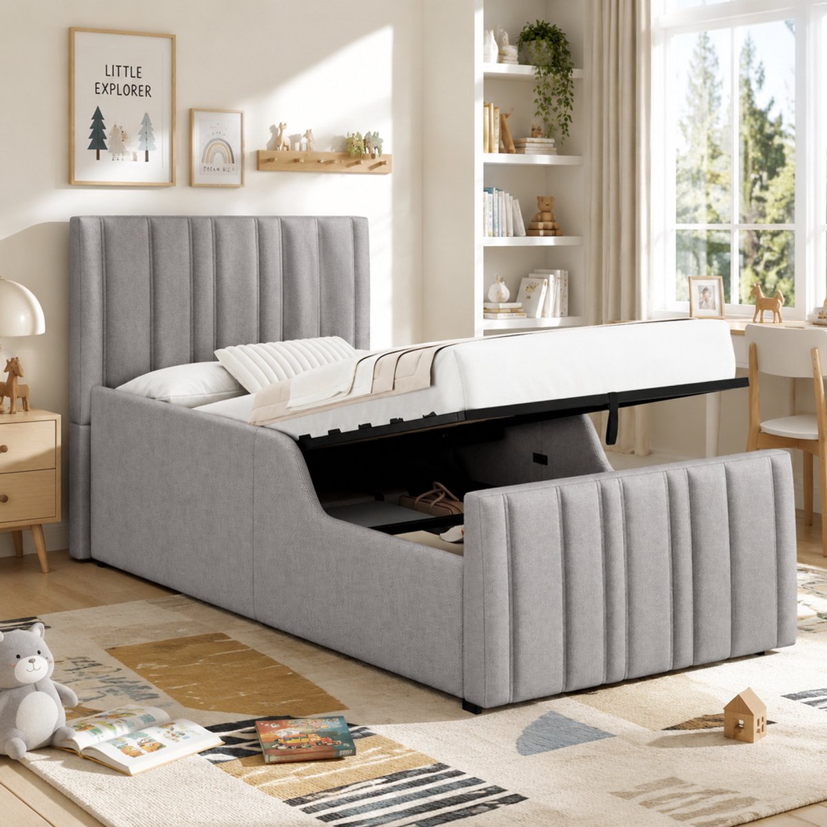KOMHTOM Opbergbed - Eenpersoonsbed 90x200 cm - Gestoffeerd Hoofdbord - Hydraulische Opbergruimte - Lattenbodem - Kinderbed - Grijs Linnen