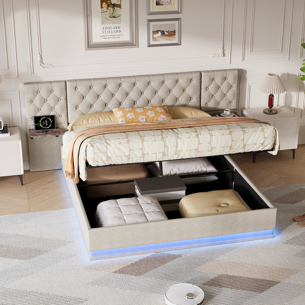 Hydraulisch opbergbed 160x200 cm beige linnenlook met RGB LED en oplaadfunctie