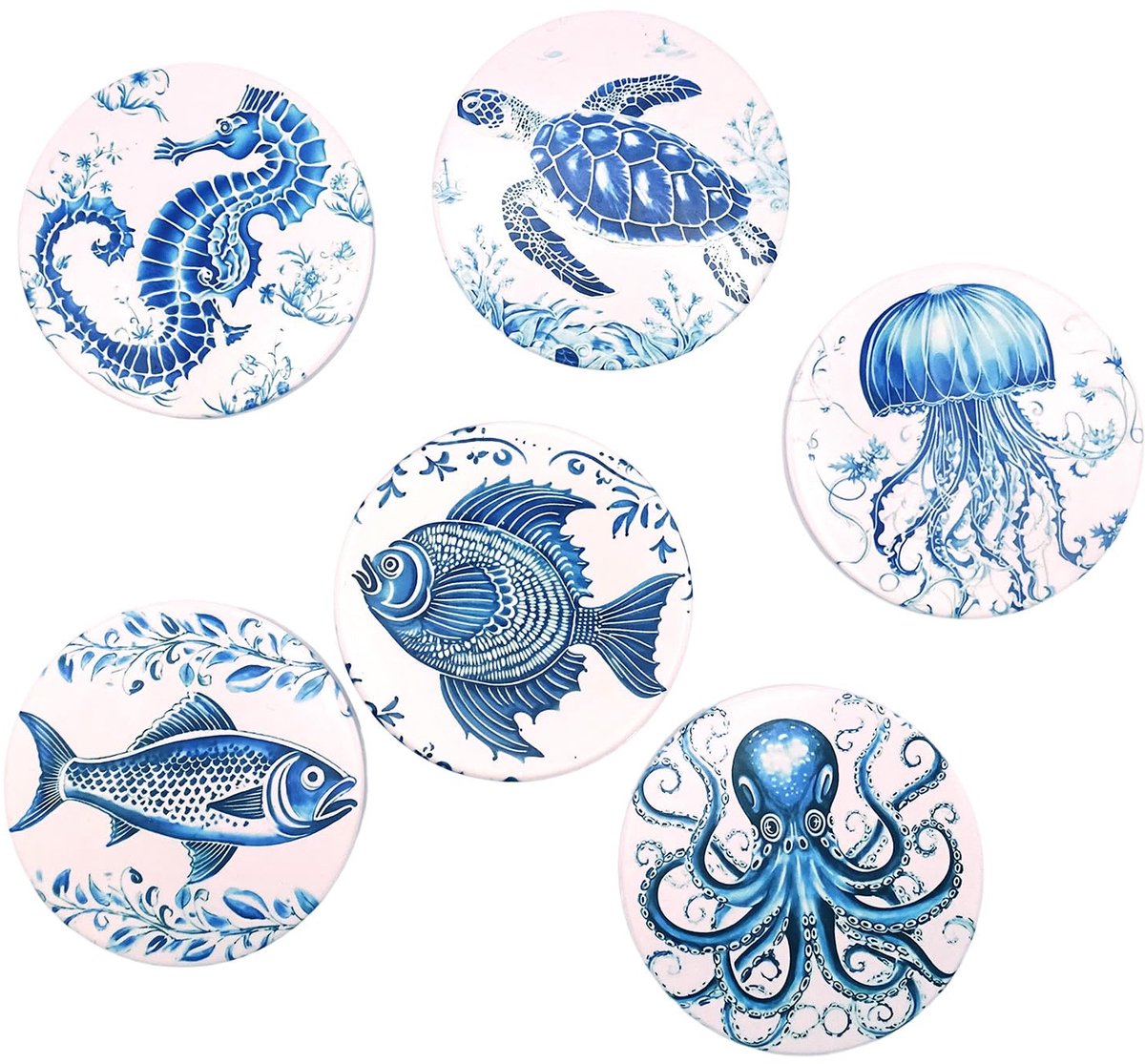Onderzetters set 6-delig. 10,3 cm – ronde Blauwe zee-motieven: octopus, vis, kwal e.a. – Maritieme onderzetters blauw-wit
