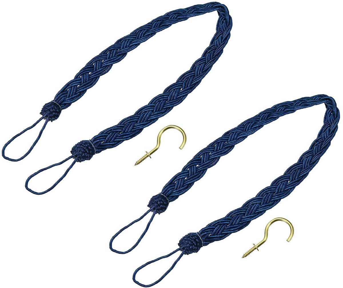 Gordijnen, 58 cm lang, gevlochten, decoratief, met 2 metalen haken, marineblauw