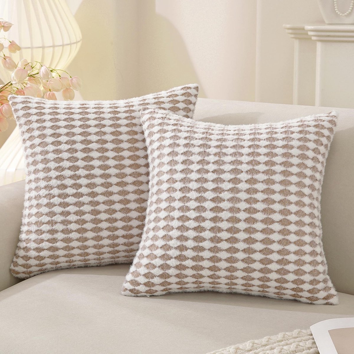 Chenille Kussenhoezen 40x40 2er Set, Moderne Zachte Kussensloop in Ruitpatroon, Duurzaam Vierkant Decoratieve Kussenhoes met Rits, Wasbaar Voor Woonkamer Bank Slaapkamer, Tabaksbruin