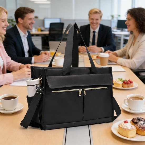 Lunchtas voor dames, 15,6 inch laptoptas met geïsoleerd lunchvak, 2-in-1 zakelijke tas met koelvak, waterdichte werktas voor kantoor, school, leraar, cadeau (zwart) — afbeelding 4