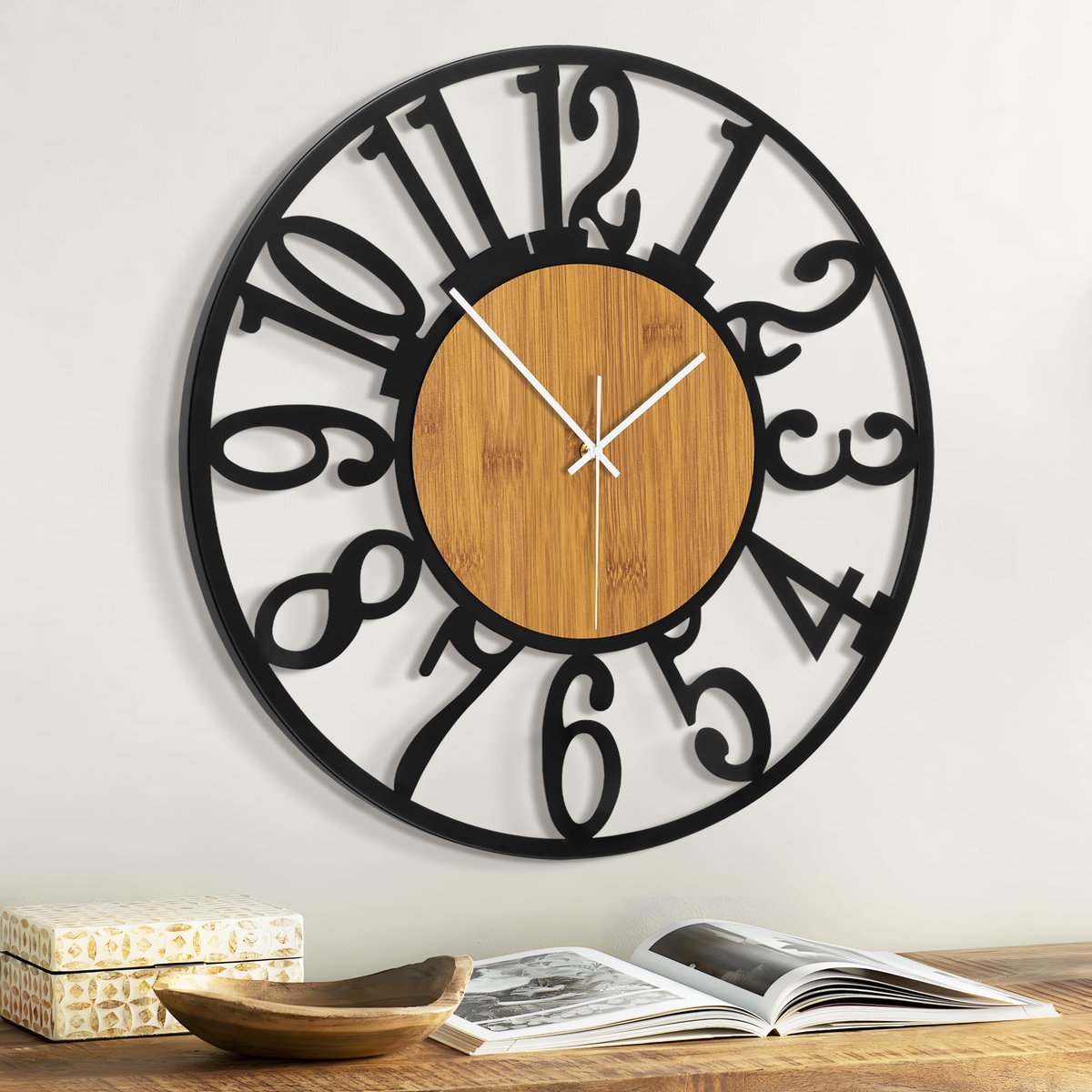 Wandklokken Op Batterijen Zwart, Stille Houten Metalen Wandklok voor Woonkamer Decoratie, Moderne Keuken Decoratieve Wandklok (Heldere Hout, Arabisch-51CM)