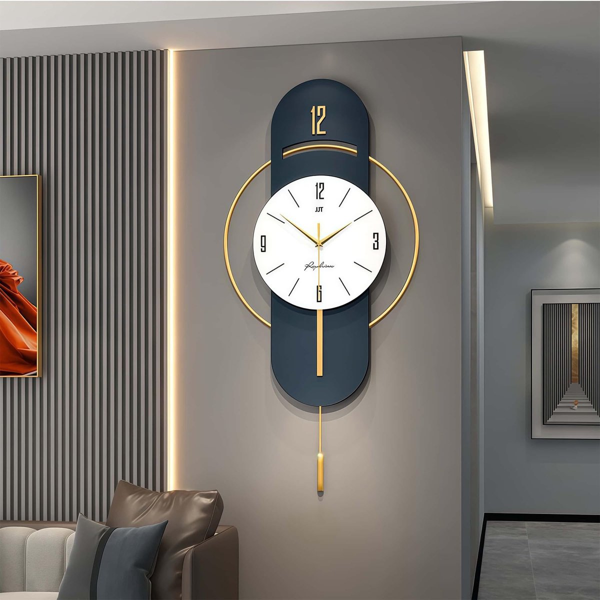 Wandklok zonder tikkende geluiden - 42 x 84 cm designerstuk in blauw | metalen wandklok met slinger voor woonkamer en moderne ruimtes