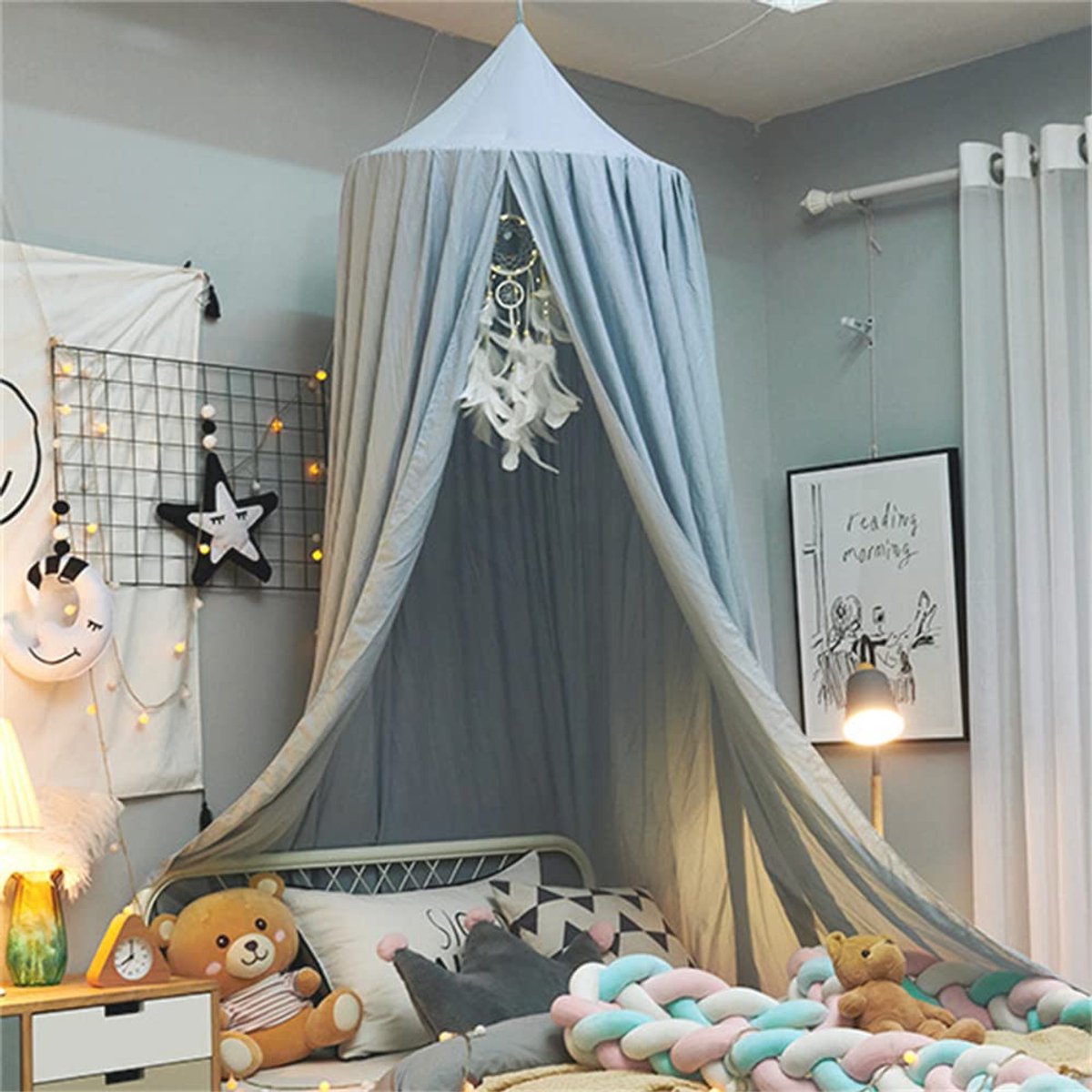 Bedhemel voor Meisjes Jongens Kinderen Eenpersoonsbed, Ronde Koepel Bedhemel Klamboe Bescherming Luifel Speeltent Slaapkamer Kinderkamer Decoratie Hangend Gordijn Net (Lichtblauw)