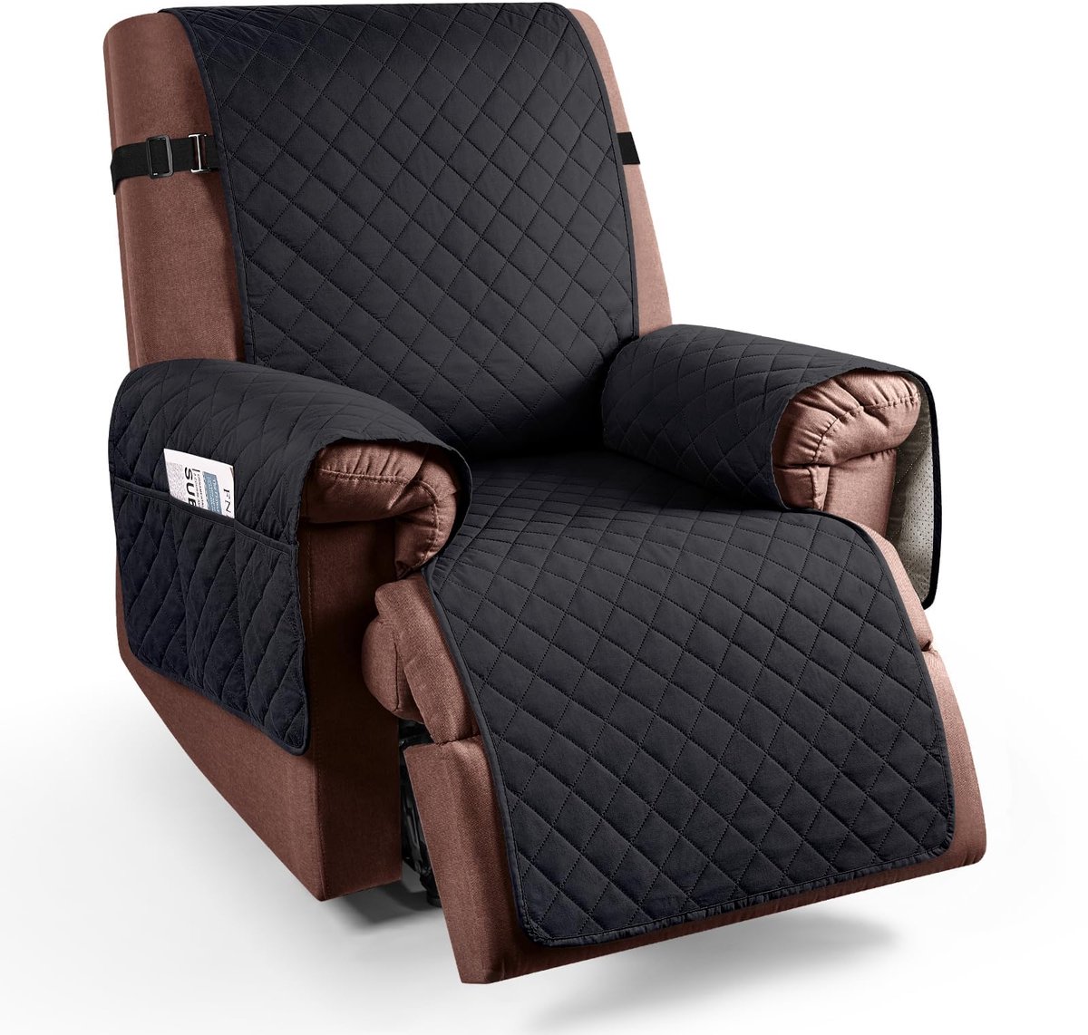 Fauteuilhoezen voor fauteuils, waterdichte stoelhoezen met zakken, machinewasbare meubelbeschermer voor kinderen en huisdieren, antislip stoelhoes voor fauteuils (zwart, recliner)