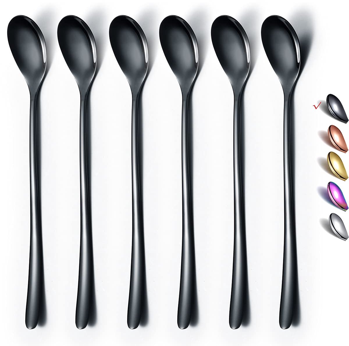 Lange Steel, Koffieroerder, Premium Roestvrijstalen Koffielepel, Ijstheelepel, Ijslepel, Cocktailroerlepel, Theelepel, Set Van 6 (Zwart)
